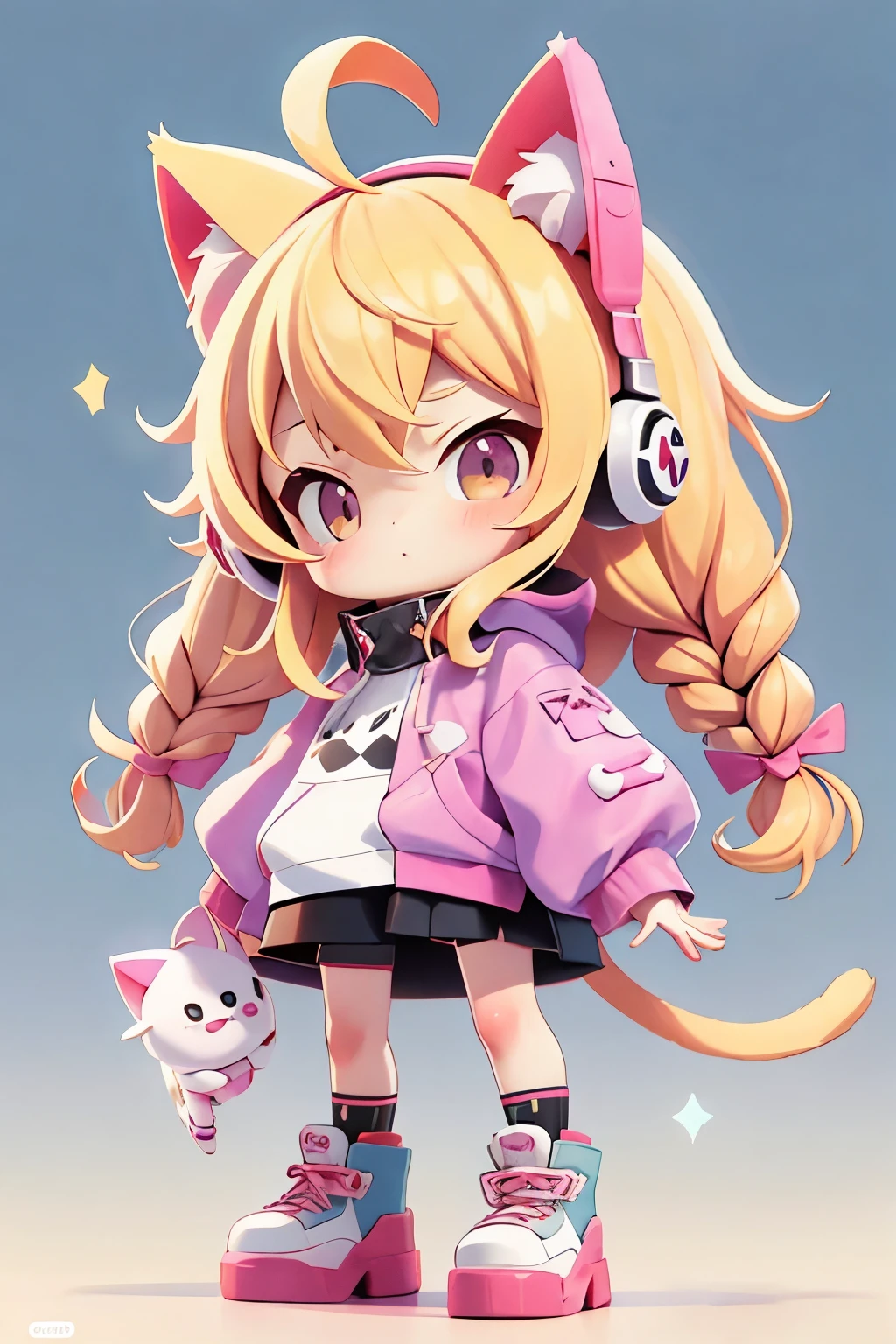 cute的女孩被透明塑料包裹着，cute、Playful、Quirky，Blonde hair with two braids，Mainly white clothing，Pink accents，Wearing cat ear shaped headphones。She has a laser gun in her hand，Jumped up and took a fighting stance, chibi,  Candy colors, Simple bright background, 3D toys, cyberpunk style, European and American cartoon style， Cinema 4d, octane rendering, 3d model, Collectible Toys,Nendoroid,Street style,Pixar,big shoes , fashion, close up, Whole body--AR 3:4 --q 2 50 --niji 5 --niji 6 --s 100 --style expression--s 2