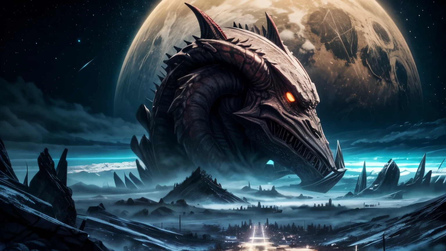 monstrous planet and planet of monsters, epic background, dinamic, scifi, futuristic, realistic, 8k, overallDetail:1.5
