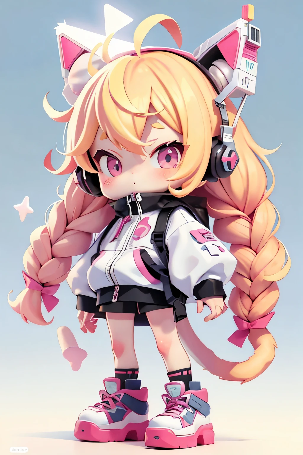 cute的女孩被透明塑料包裹着，cute、Playful、Quirky，Blonde hair with two braids，Mainly white clothing，Pink accents，Wearing cat ear shaped headphones。She has a laser gun in her hand，Jumped up and took a fighting stance, chibi,  Candy colors, Simple bright background, 3D toys, cyberpunk style, European and American cartoon style， Cinema 4d, octane rendering, 3d model, Collectible Toys,Nendoroid,Street style,Pixar,big shoes , fashion, close up, Whole body--AR 3:4 --q 2 50 --niji 5 --niji 6 --s 100 --style expression--s 2