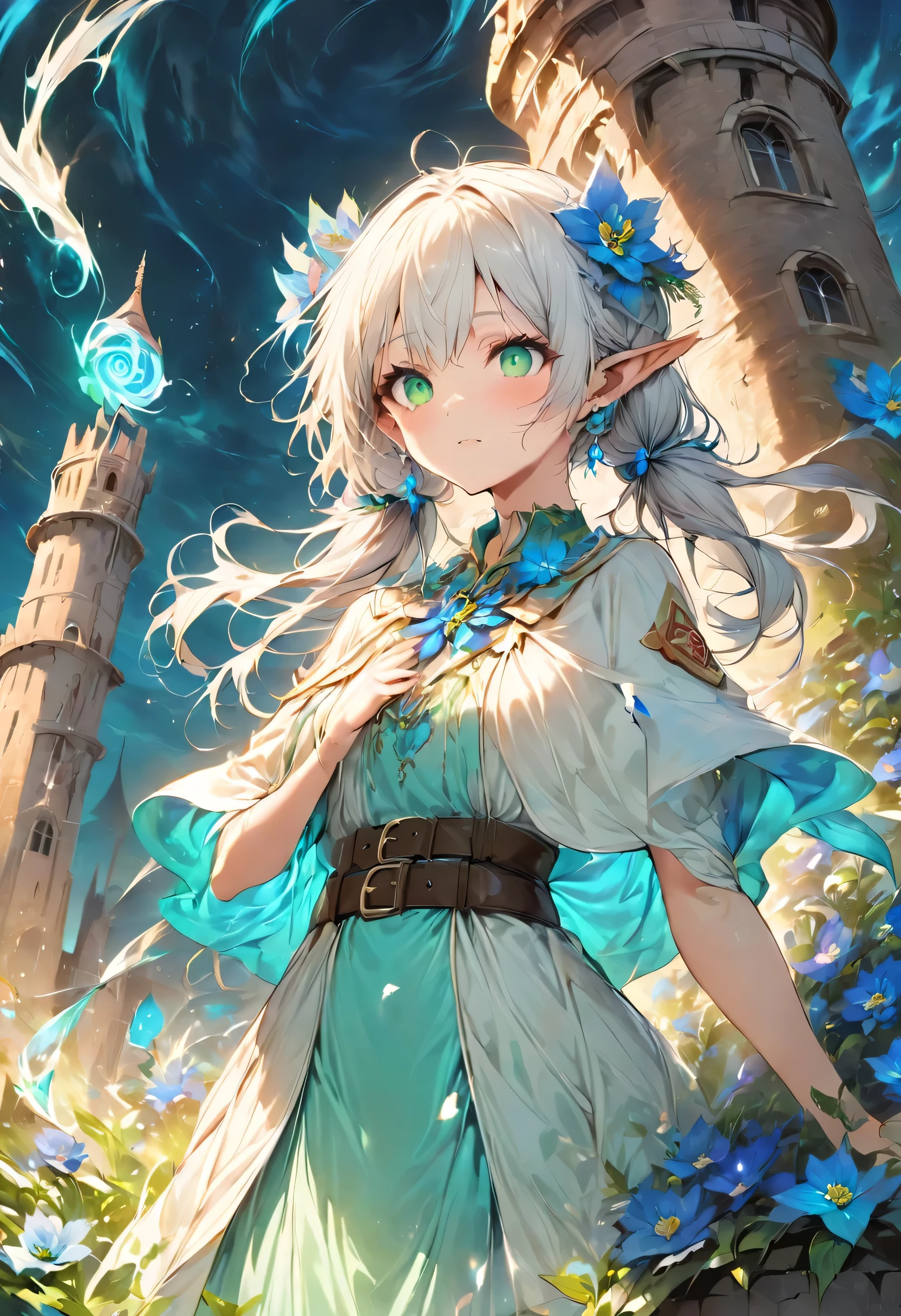 masterpiece, best quality, very aesthetic, absurdres, spirit of the wind, (lots of blue flowers all over the roof of a round tower:1.3), Frieren looking at the blue flowers on the roof of the tower from the sky, streaks of light on the flowers, 1 girl, elf, alone, sharp_ear, twin tails, green_eye, length_hair, jewelry, white_hair, white capelet, earrings, capelet, belt, shirt, dress, Broke up_front hair, length_sleeve, bangs, white_dres,
(on the roof of the tower:1.3), (Frieren exclusive red magic wand)