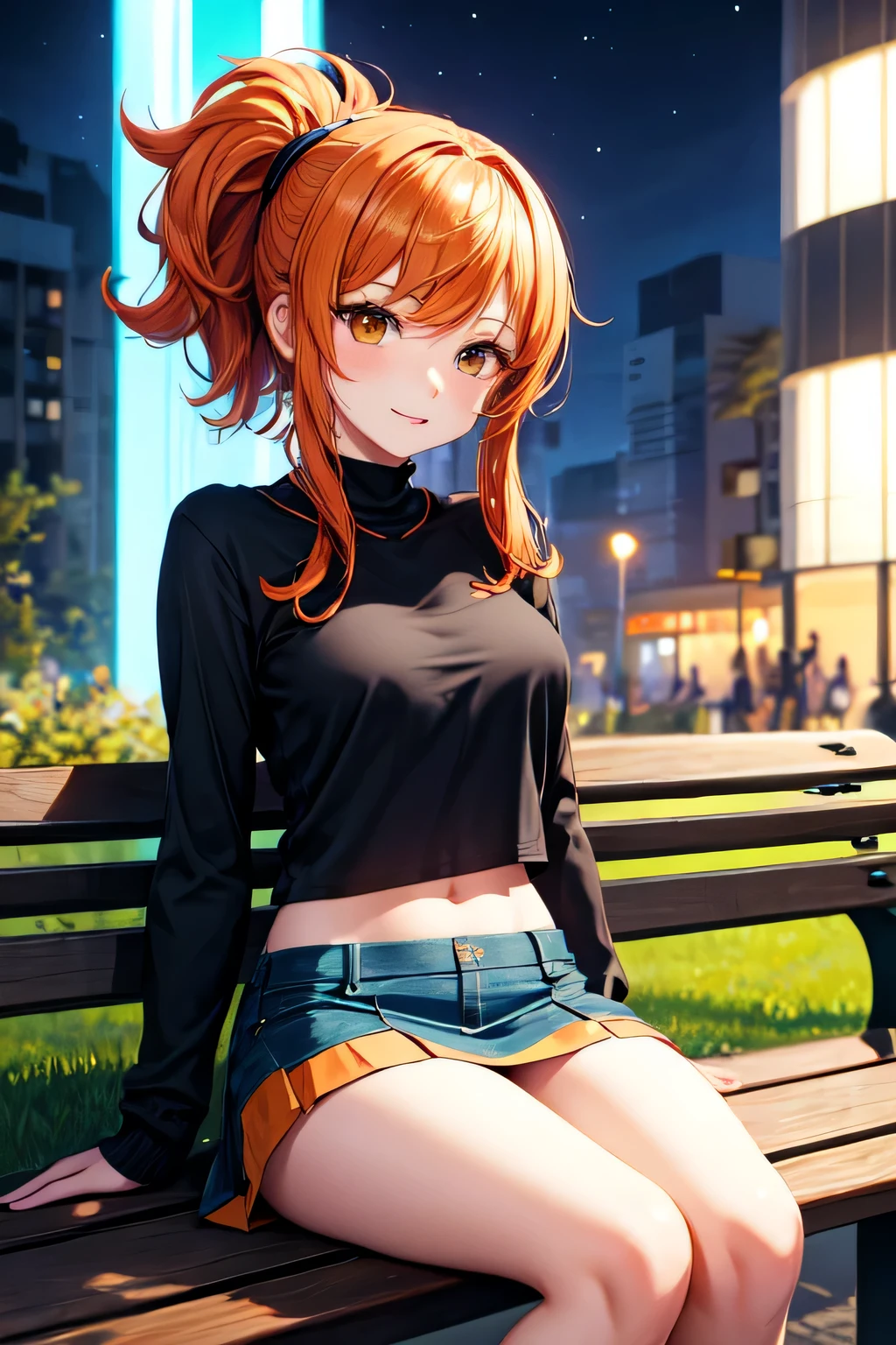 Orange hair Nami wearing black top and mini skirt sitting on a bench in a futuristic park at night.Full image of park