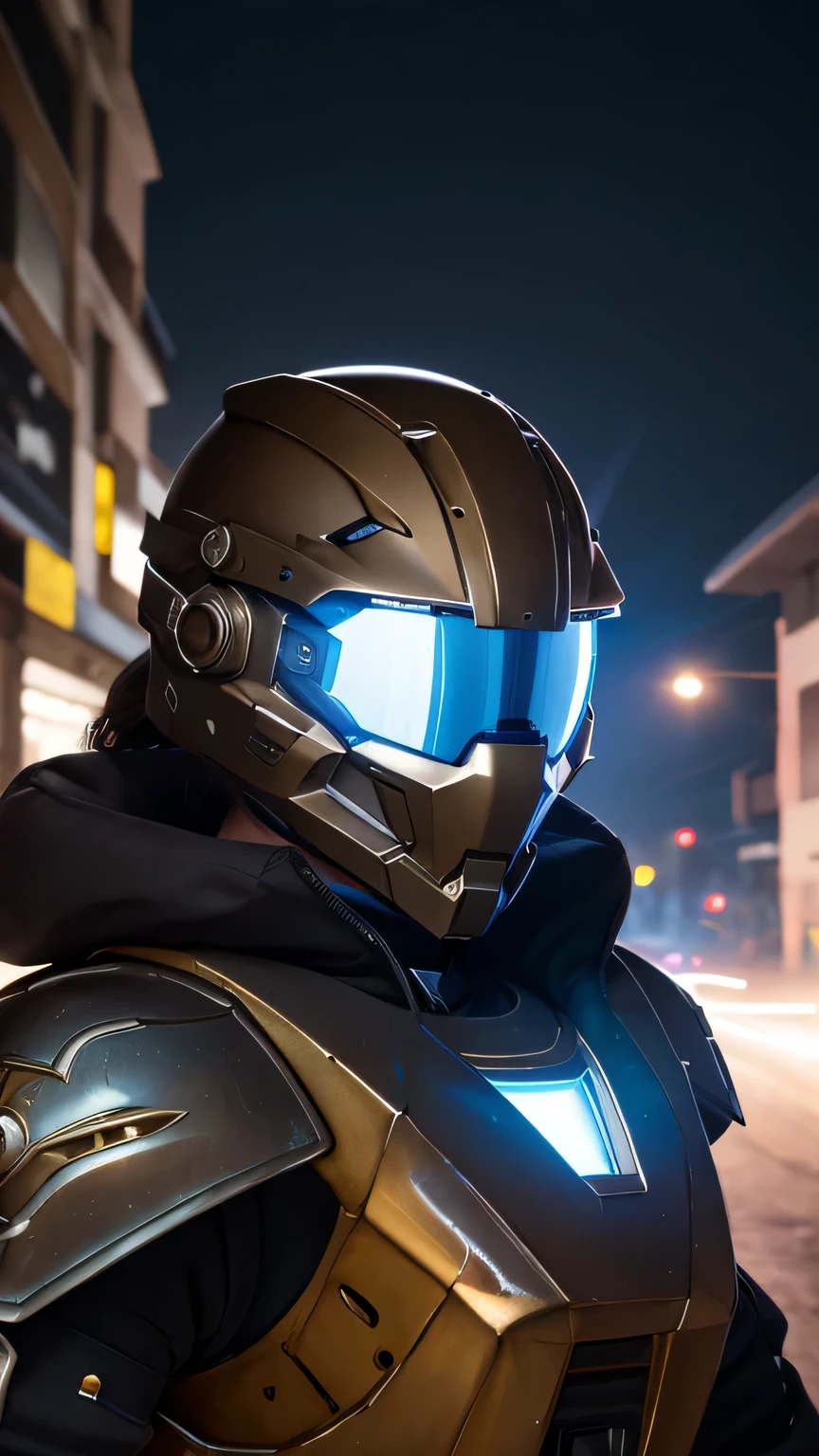 masterpiece,  最high quality, , (alone), 1 girl, look up, dim light, , horizon_(apex legend), goggles, blue eyes, brown hair, gauntlet, shoulder armor,  (Mecha Helmet), (science_fiction), outdoor, street, neon light, cyber punk, masterpiece, 最high quality, high quality, High resolution, (((Portrait)))