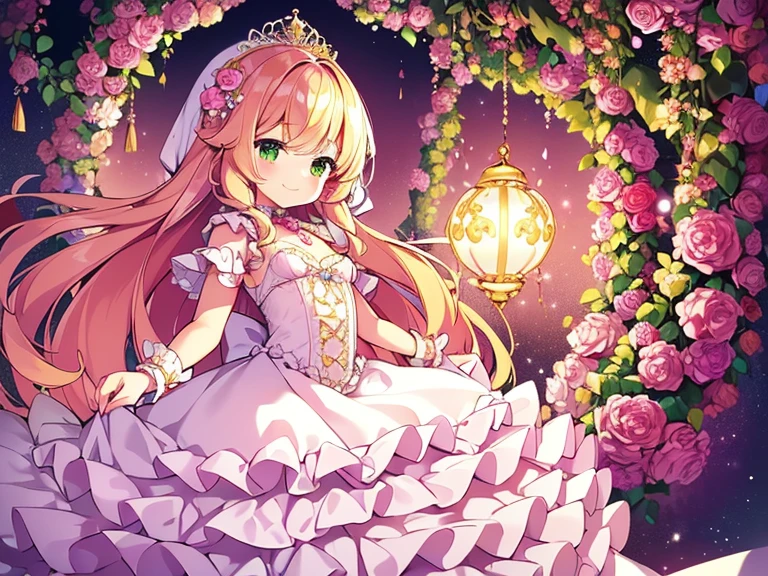 (kawaii),(best quality,4k,highres),upper body,(rococo style),(long train pink cape),(long train white ball gown with flowers),(detailed fabric),a girl wearing a cape over her dress,1 little princess, tiara, smile, very long hair,(small delicate breasts), green garden background, vibrant colors, soft lighting