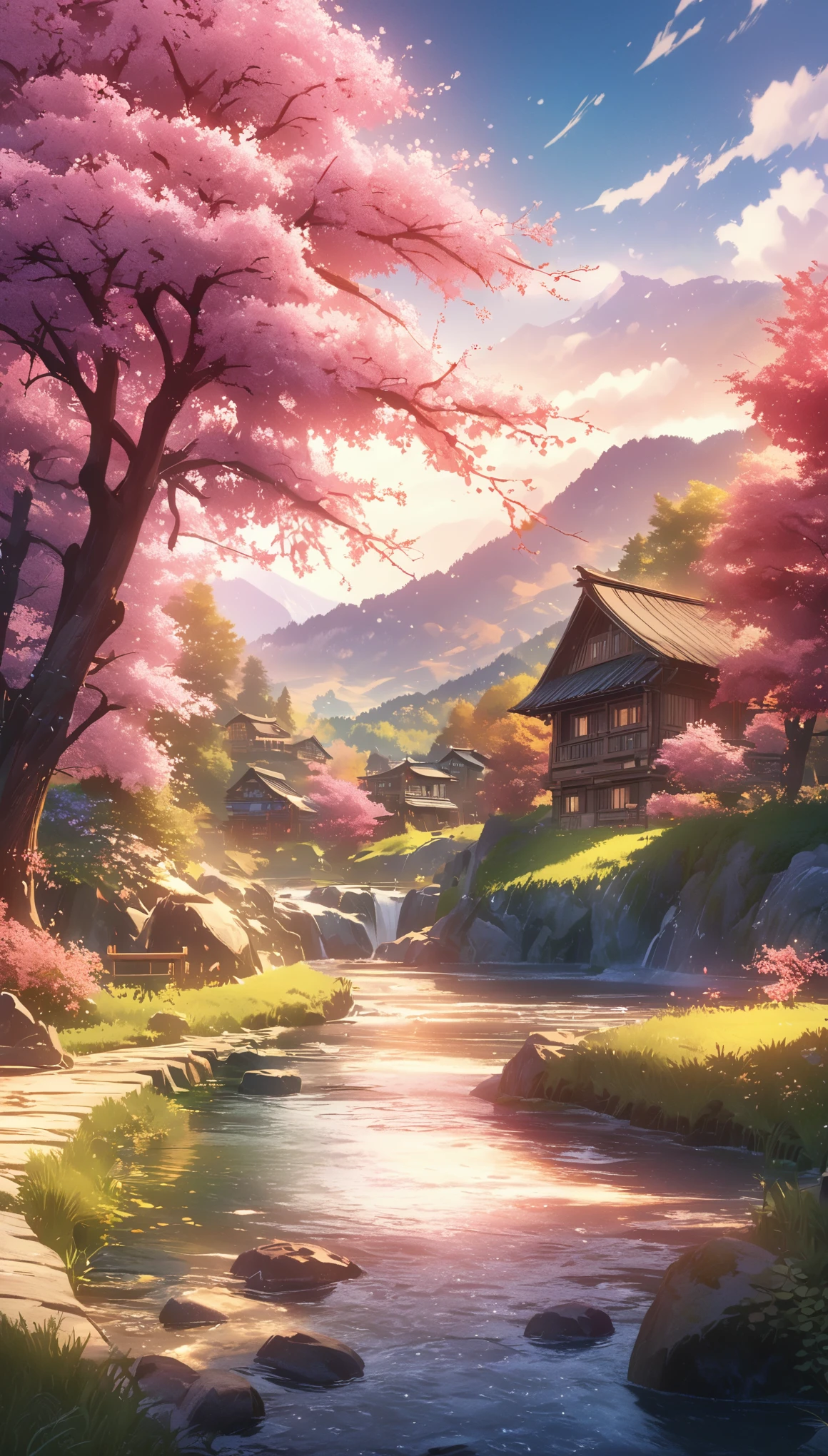 Draw a river and a small village, Anime beautiful peaceful scene, very beautiful scenery, landscape artwork, landscape art details, Very beautiful digital art, beauty of natural landscape, Beautiful art ultra hd 4k, very beautiful photos, beautiful nature, landscape wallpaper, really beautiful nature, Beautiful digital artwork, beautiful background, Cherry tree, anime style
