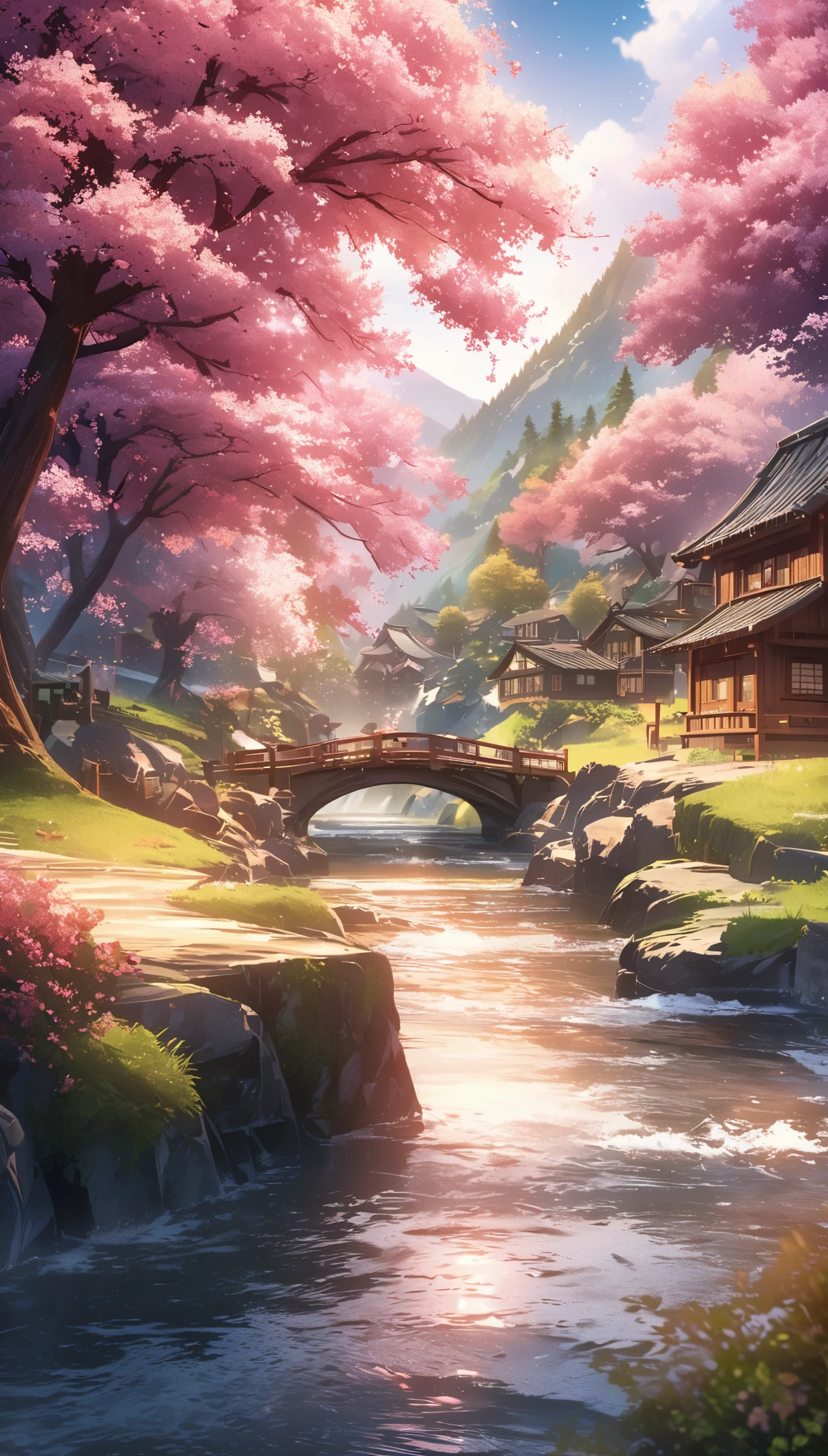 Draw a river and a small village, Anime beautiful peaceful scene, very beautiful scenery, landscape artwork, landscape art details, Very beautiful digital art, beauty of natural landscape, Beautiful art ultra hd 4k, very beautiful photos, beautiful nature, landscape wallpaper, really beautiful nature, Beautiful digital artwork, beautiful background, Cherry tree, anime style