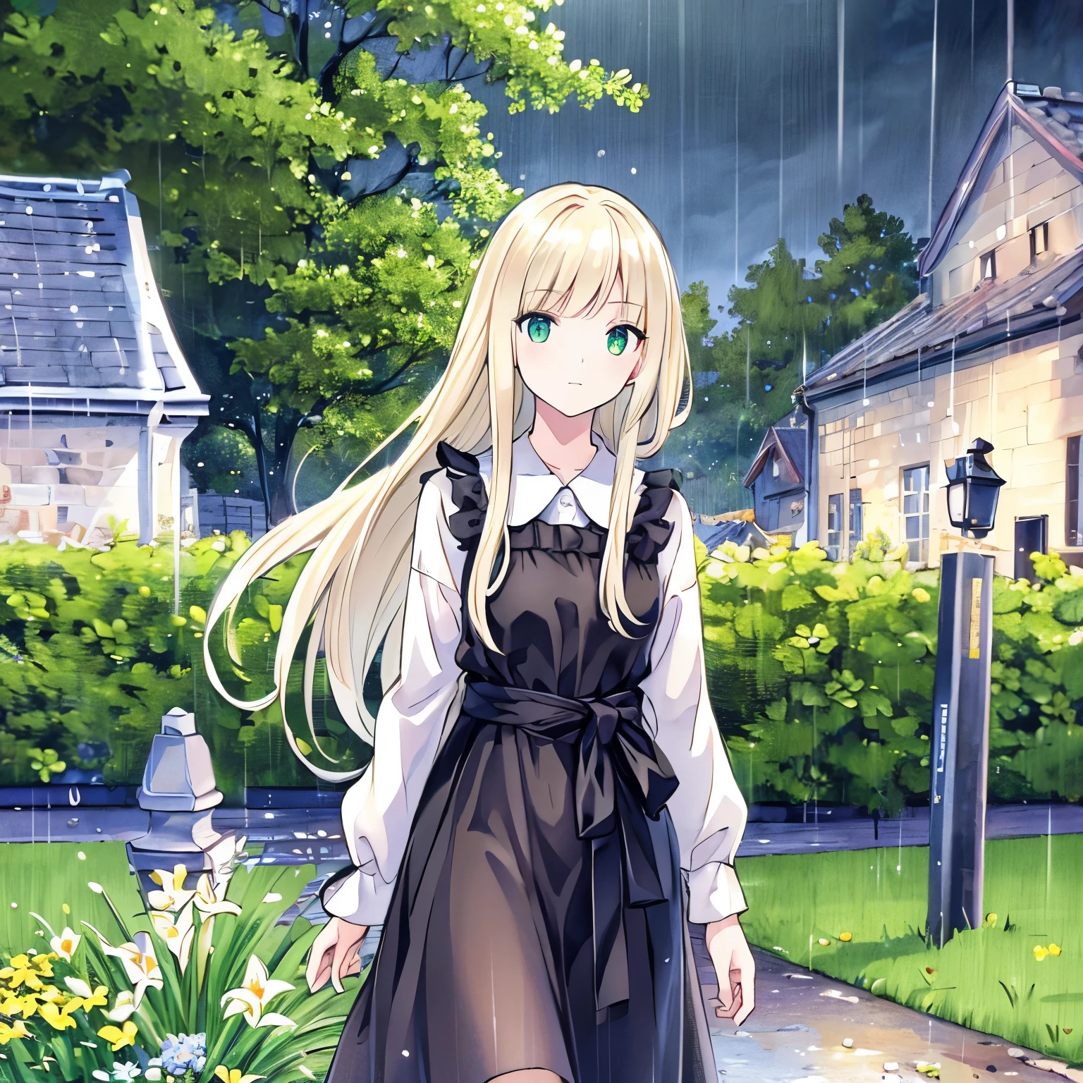 (best quality,4k,8k,highres,masterpiece:1.2),ultra-detailed,realistic:1.37 ,adult girl,slim skin ,blonde hair,long hair,green eyes,Hyper detailed eyes,black and white dress,white sash around the waist,raining ,rain,night scene,medieval period,flower garden with lilies,palace garden,nighttime, rain,alone adult girl walking in white lily garden, flowers hair,hair blowing in the wind .