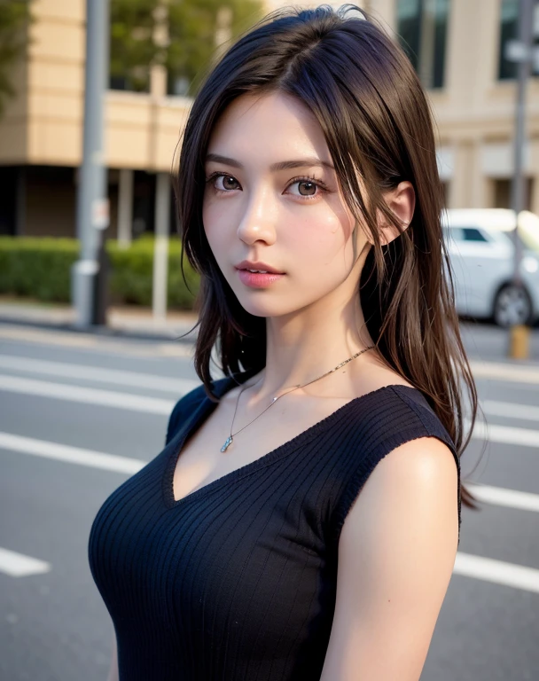 (In 8K, highest quality, masterpiece:1.2), (realistic, Photoreal:1.37), super detailed, Natural light, medium chest, I can see the cleavage, 1 person, 25 year old female, black hair, pendant, torn shorts, Light knit V-neck shirt, At the time of the performance, highly detailed face and skin, detailed eye, highly detailed face and skin