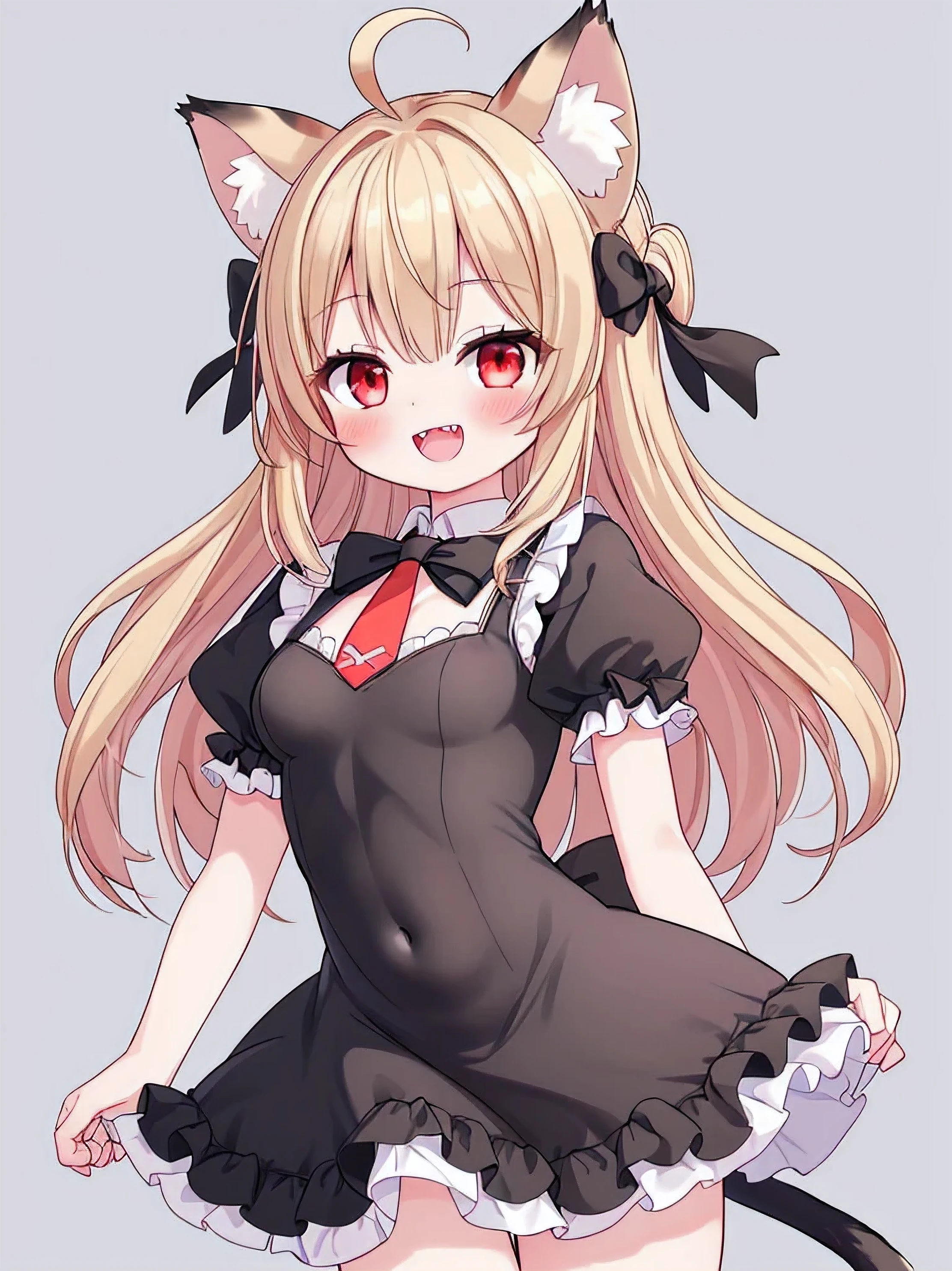 masterpiece, top quality, super detailed, CG illustration, high resolution, better lighting, best shadows, very delicate and beautiful, proper shading, hd, 8k,1girl, solo, long hair, breasts, looking at viewer, blush, smile, open mouth, bangs, blonde hair, simple background, red eyes, dress, bow, animal ears, ahoge, short sleeves, :d, hair bow, cowboy shot, small breasts, frills, necktie, teeth, puffy sleeves, cat ears, grey background, black dress, puffy short sleeves, animal ear fluff, black bow, covered navel, frilled dress, sharp teeth