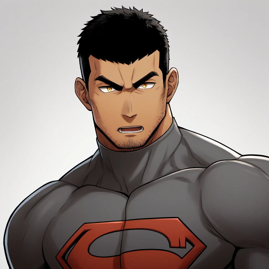anime characters:Handsome uncle, 30 year old muscular uncle, male focus, Coffee-colored skin, Dark grey turtleneck tight T-shirt, superman logo, muscular male, muscular, bara, Upper body, Buzz Cut, alone, Black short hair, stubble, yellow eyes, White background, Simple background, amazing quality, best aesthetics, ridiculous, bright pupils, short hair, open lips, v-shaped eyebrows, jitome, best quality