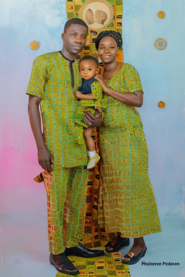 araffes couple en vêtements traditionnels africains posant pour une photo, mari femme et fils, porter une robe africaine, photographie du corps entier, edited, habits traditionnels, photo photogénique de tout le corps, par Ingrida Kadaka, par Ella Guru, portrait complet du corps, portrait d'une famille de trois personnes, contexte complexe, porter une tenue authentique, photographie de famille, avec des tissus jaunes
