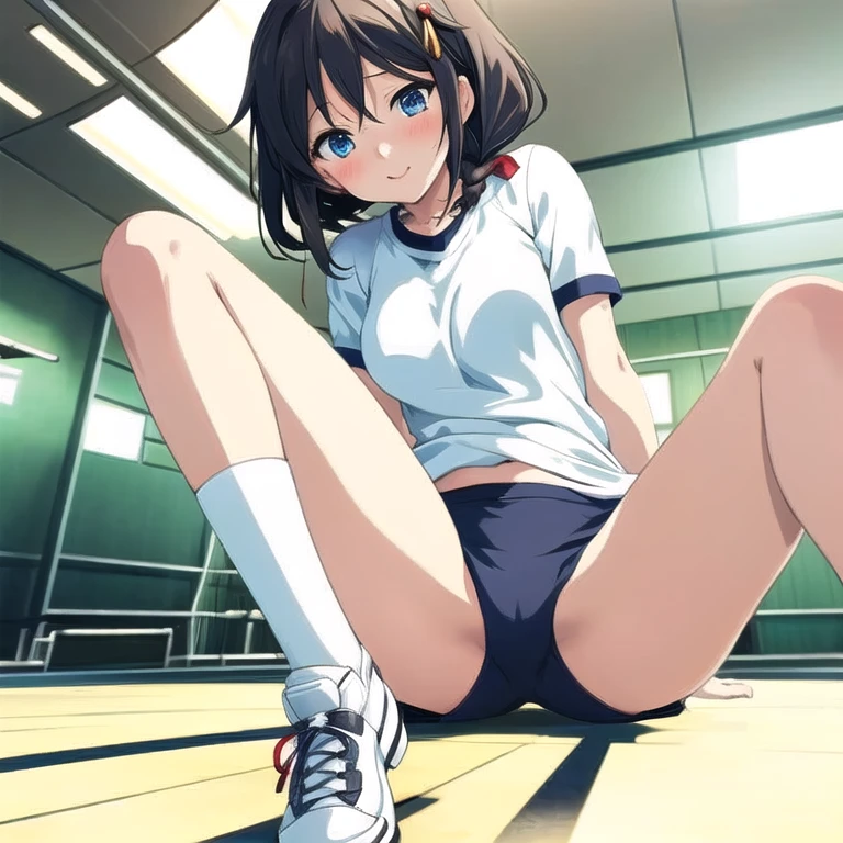 KanColle、Fleet Collection、kankore, Shigure、shigure, Shigure、braid hair with red ribbon, Anime girl sitting cross-legged on the floor, Beautiful anime girl squatting, anime girl squatting, seductive anime girl,naughty anime style, anime best girl, Beautiful charming anime , Smooth anime CG art, ((Fleet Collectionスタイル))、((buruma))