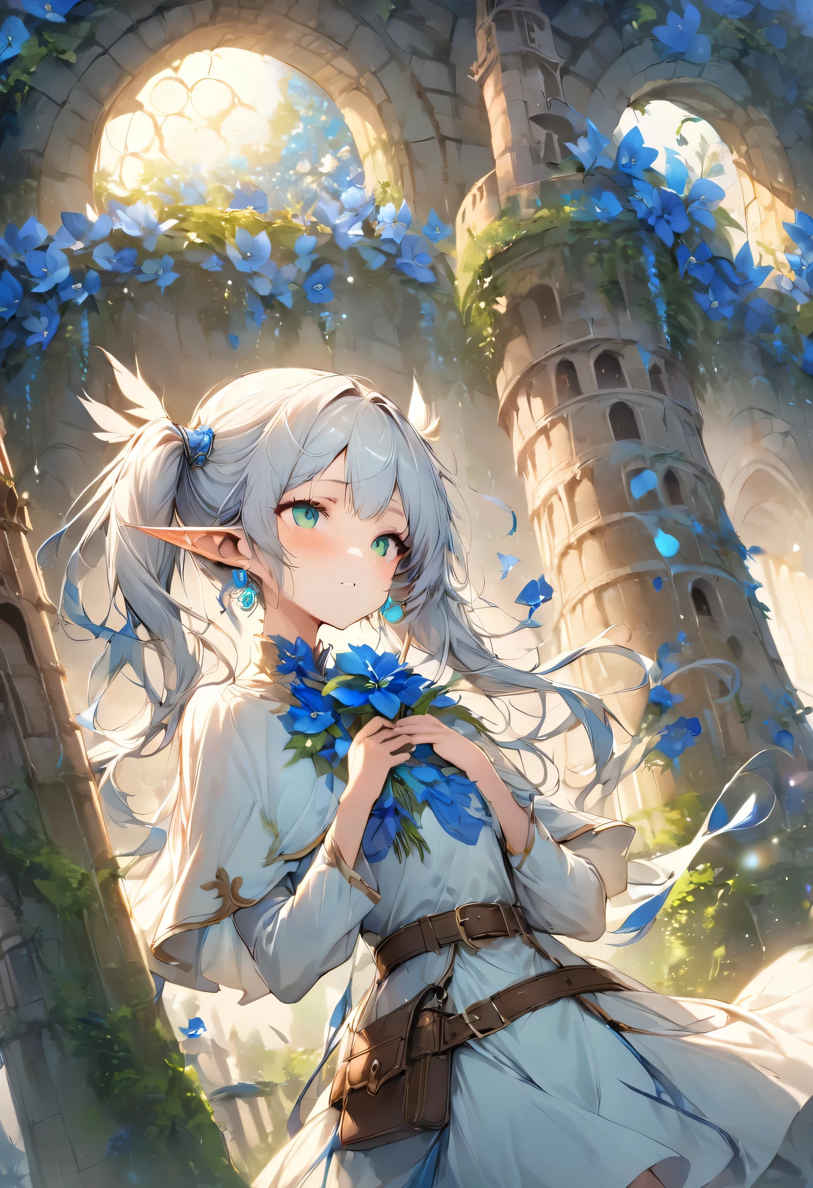 masterpiece, best quality, very aesthetic, absurdres, spirit of the wind, (lots of blue flowers all over the roof of a round tower:1.3), Frieren looking at the blue flowers on the roof of the tower from the sky, streaks of light on the flowers, 1 girl, elf, alone, sharp_ear, twin tails, green_eye, length_hair, jewelry, white_hair, white capelet, earrings, capelet, belt, shirt, dress, Broke up_front hair, length_sleeve, bangs, white_dres,
(on the roof of the tower:1.3), (Frieren exclusive red magic wand)