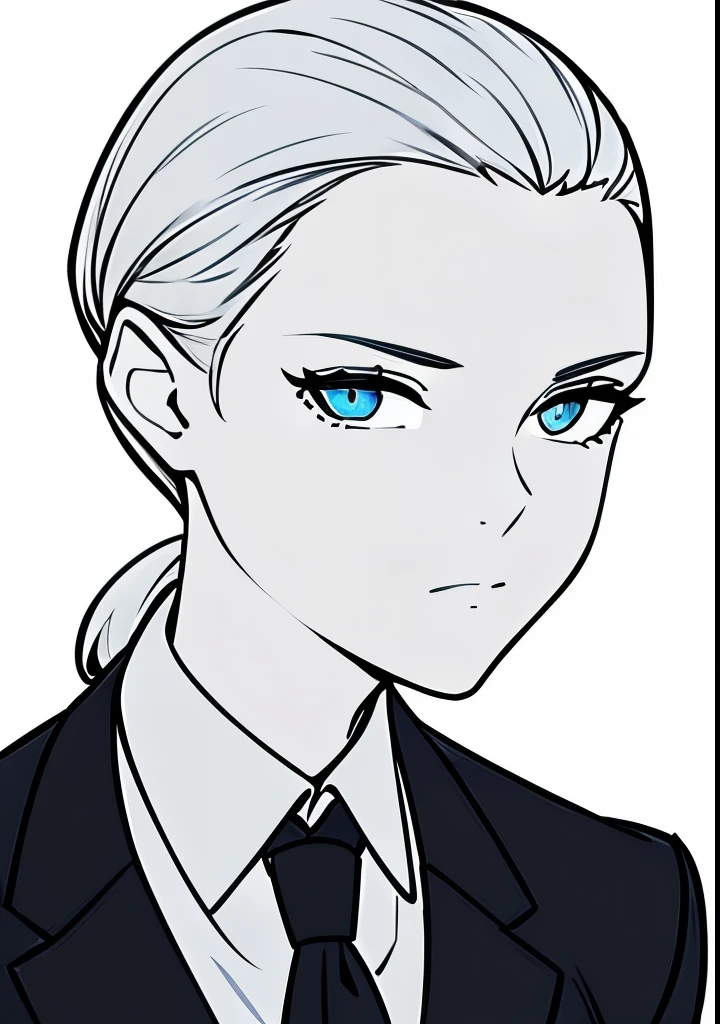 One Young Adult female, pale blonde slicked back into a short ponytail with a single bang on the left hand side, steel blue eyes, light and carefree expression, wearing black suit jacket and tie, portrait style, facing forwards