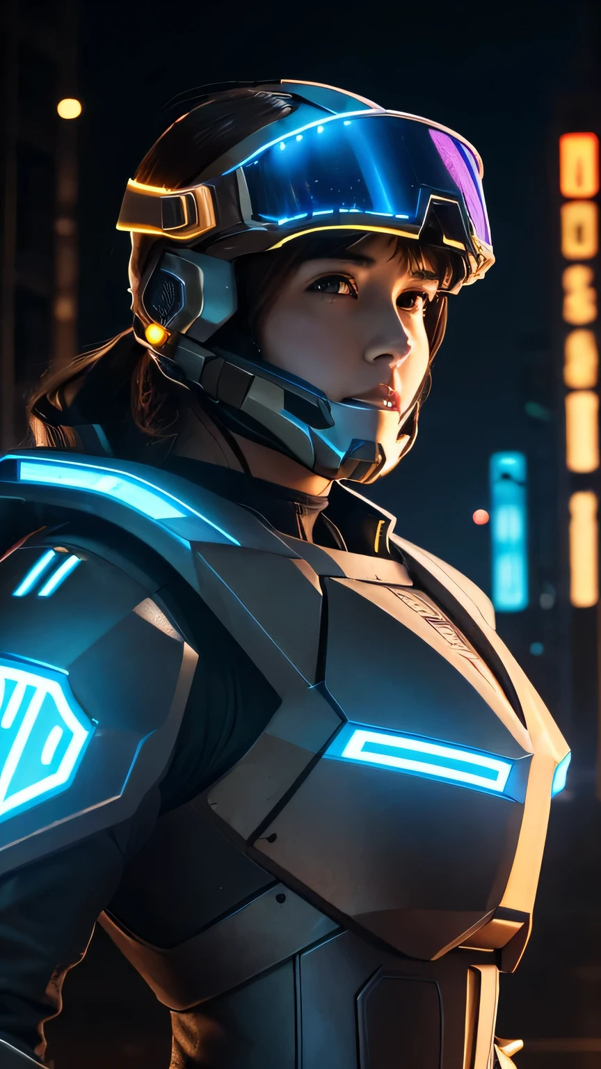 masterpiece, 最high quality, , (alone), 1 girl, look up, dim light, , horizon_(apex legend), goggles, blue eyes, brown hair, gauntlet, shoulder armor, (Mecha Helmet), (science_fiction), outdoor, street, neon light, cyber punk, masterpiece, 最high quality, high quality, High resolution, (((Portrait)))