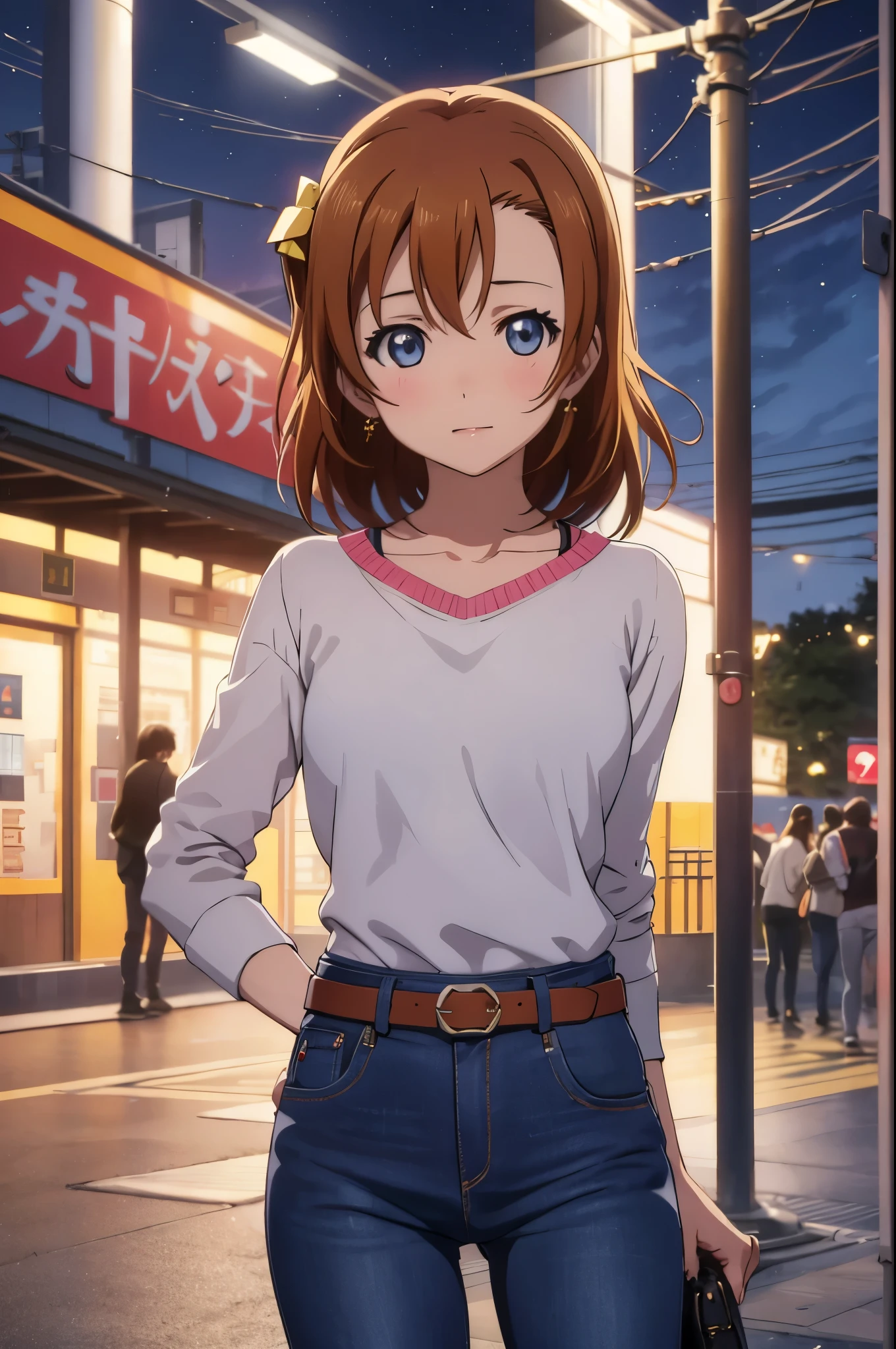 Kousaka honoka, night, train station, tight jeans pants,sweater top,arms behind back, short hair, hair ornament, crotch lines, upper body , cute girly belt