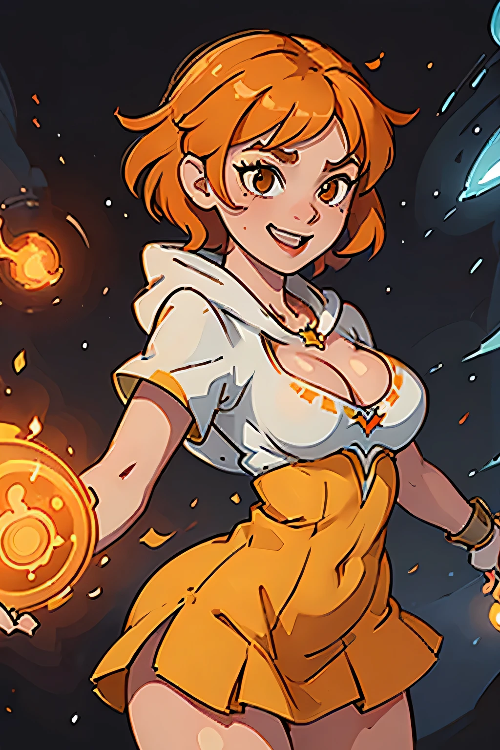 (((masterpiece))), (((best quality))), illustration, single character, game character, rpg character, female character, female necromancer. tall torso. athletic girl. skimpy. white robe with small golden details and lines, long open hood robe. skin with white scales. exposed legs. gold bracer. huge open cleavage, big gem necklace. tiny breasts. small titties. wide hips. perky butt. up turned hips. wavy short hair. flowing orange hair, olive eyes, sexy face expression. laughing smile. orange hair. cosmic background, flat color background, anime character, 8k, awesome quality