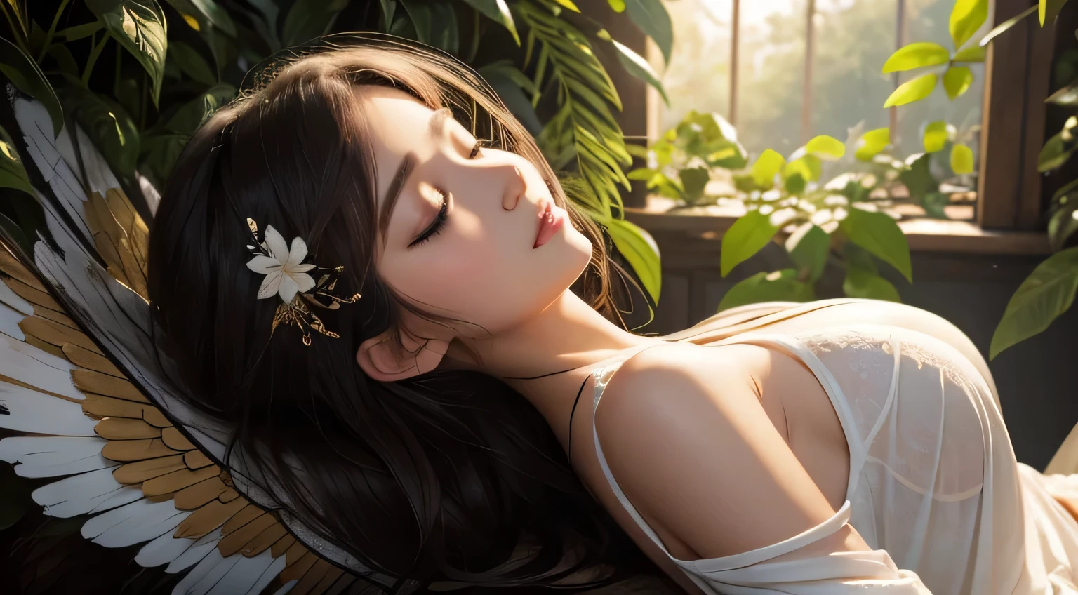 A beautiful fairy with wings、((On your back))、(Sleeping)、big breasts、pale hair、Upper body、close up of face、Lustrous lips、Flowers in the foreground、spring scenery、night scenery、Surrounded by spring flowers、colorful flower field、high resolution、mysterious、high resolution、