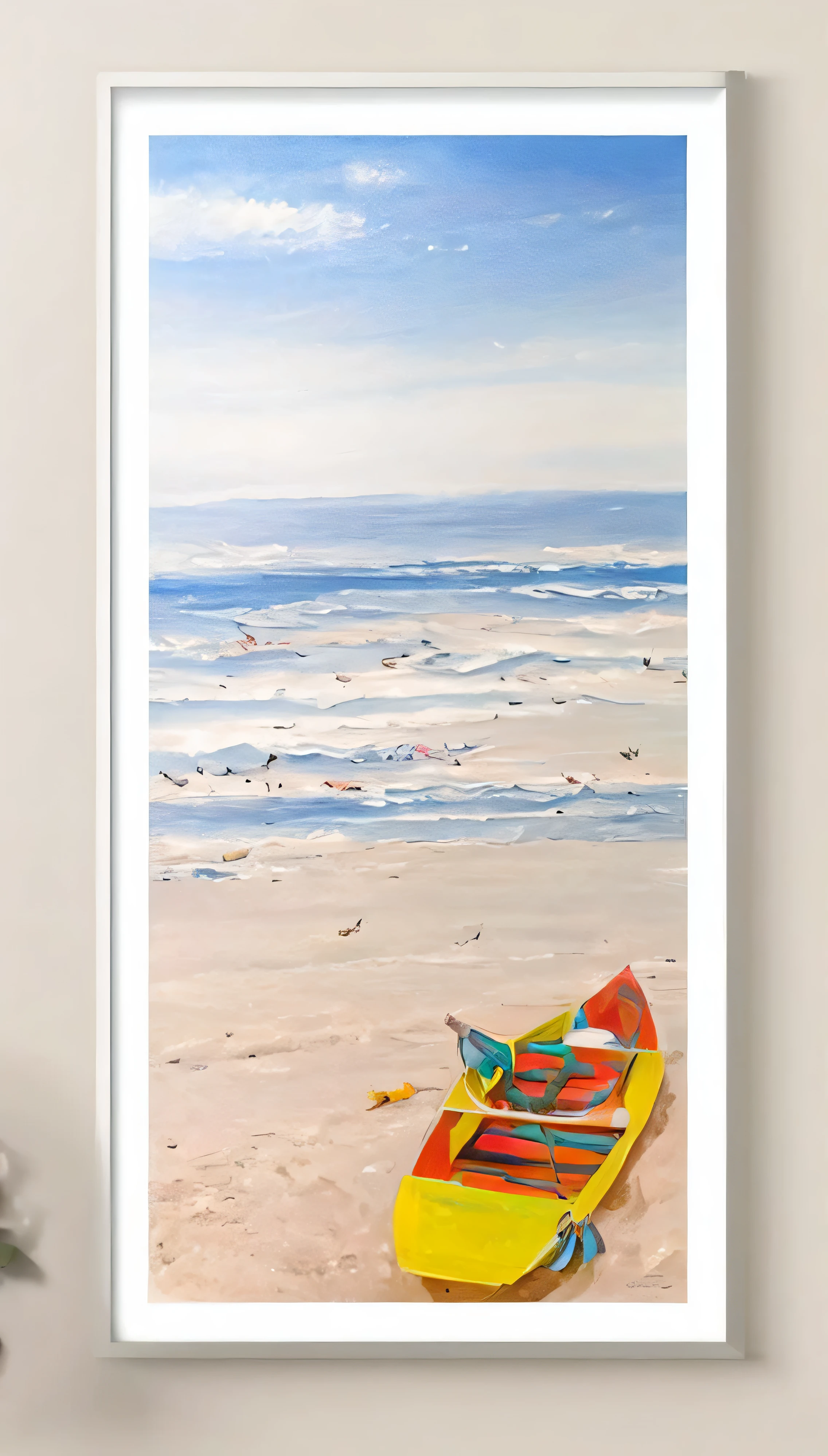 Arafad photo of a painting of boats on the beach, landscape art品, Sandy white moon landscape, landscape art detailed, Fantasy landscape art, 3D virtual landscape painting, Oil painting in 3d, Soft inkjet artwork, Poster artwork, Sand fog, landscape art, Detailed Landscape—Width 672, beach view, 8K Art Lithography