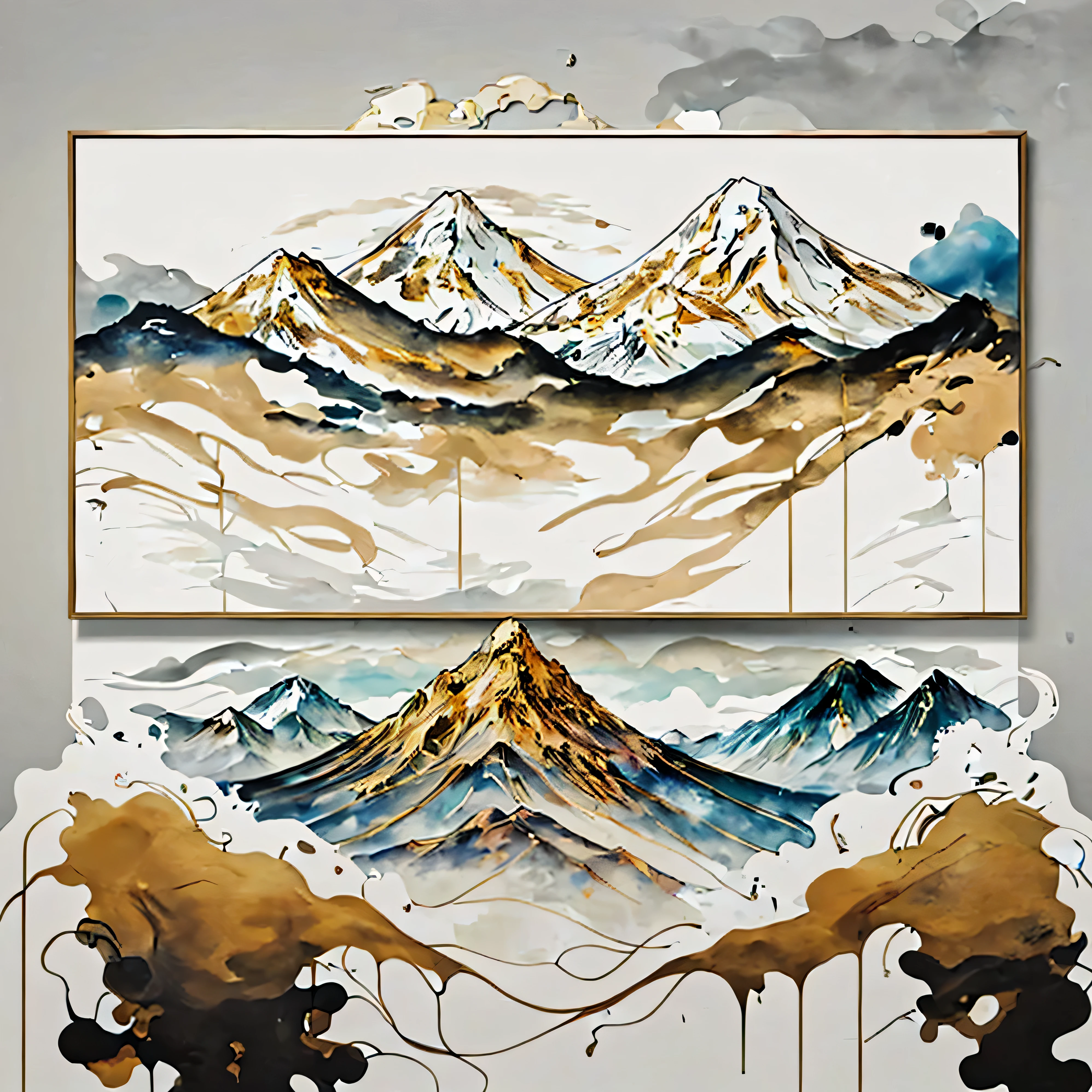 Painting of mountains with clouds, glossy painting, The paintings are elegant and delicate, Modern European ink painting, Complex flowing paint, Modern Art Style, gold leaf painting, pop art art, Beautiful paintings, abstract minimalist painting, Marble and light gold, Abstract Liquid Acrylic Art, The touch of gold foil, style painting, high quality