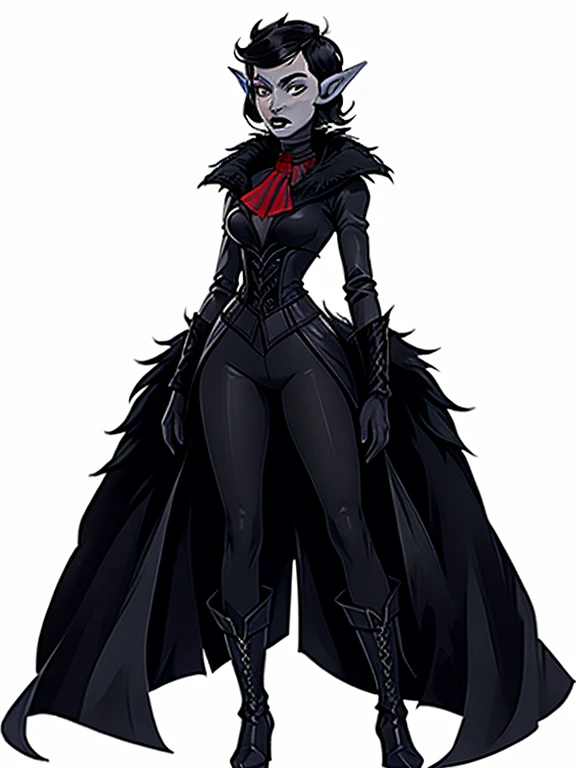 Full length portrait, 1 girl, short Combed hair, pixie haircut, Combed hair, forehead, drow, black lipstick, fur coat, Red shirt with a high collar, Ascot, High collar, One, empty background, White background, outside, Gothic fantasy art, long pointed ears, high lace-up boots, Whip, wide hips, flat torso, muscular