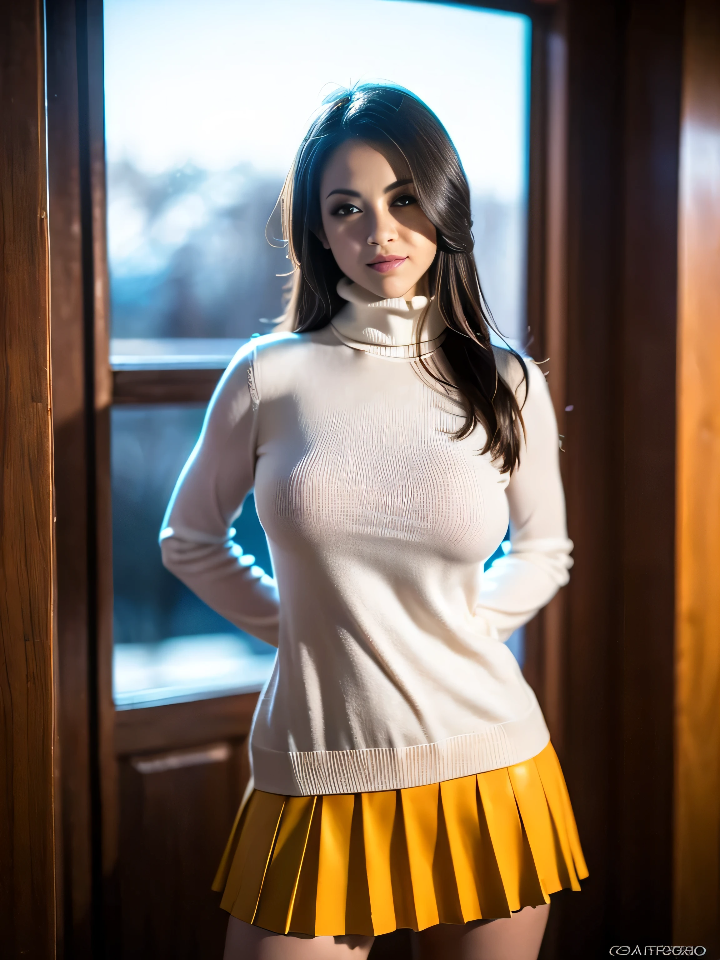 Mujer sexy, (sentada culo parado vista desde atras, poses sexys, pechos enormes, muslos gruesos, caderas anchas, culo enorme, piernas musculosas, sentada, Cintura delgada, photograph of a woman, Winter Wonderland, chaqueta hinchada, traje de squiz, Arte de pintura fotorrealista por Midjourney y Greg Rutkowski), Campo de invierno, Mira el visor, sonrisa seductora, huge breasts, bursting huge breasts, detailed skin, large breasts, wide hips, (Perfect toned legs), (Very short pleated red skirt), (Orange long-sleeved turtleneck sweater), (Orange high socks), (Red skilettos) in a very sensual pose, (sexual pose: 1.4)