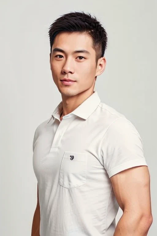 A 30-year-old man from Hong Kong, China，Clean and handsome appearance，Very gentlemanly temperament，Have healthy muscles，wearing white shirt，The background is pure white，for product endorsement