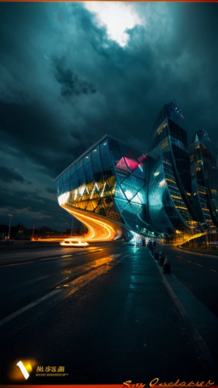 glassbuilding, Science fiction buildings,  a lot of light on the sides of the street and cars driving down the street , masterpiece, best quality,neon light, midnight, cloud, RAW Photo, RAW texture, Super Realistic, 32K UHD, DSLR, soft lighting, high quality, film rating, Fujifilm XT3