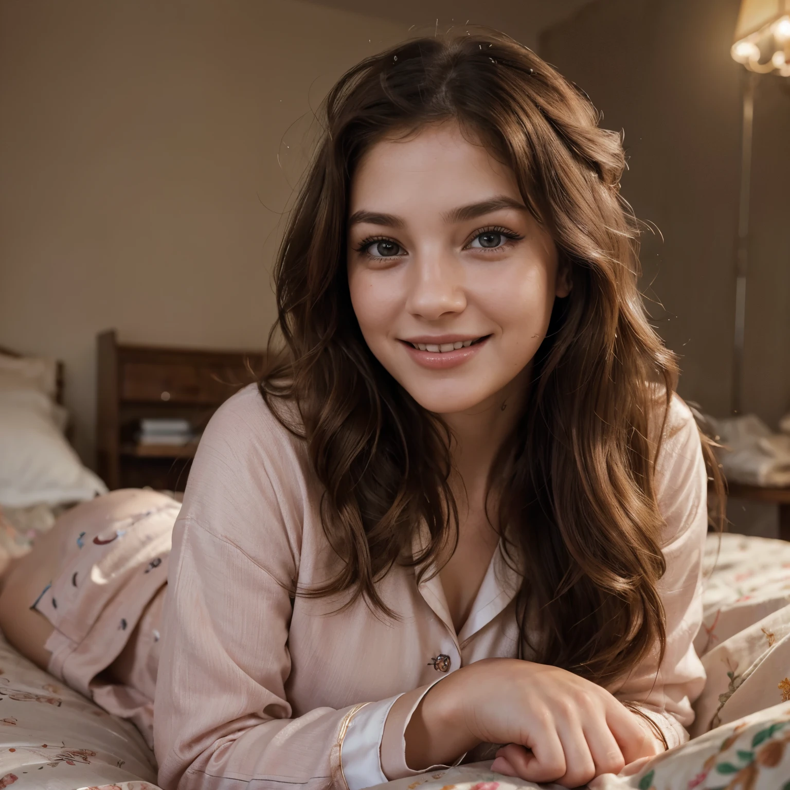 (realistic: 1.37),beautiful girl,ultra-detailed eyes and face,long eyelashes,rosy cheeks,wavy flowing hairs,vibrant atmosphere,real woman,human,artistic rendering,smiling expression,captivating gaze,normal not with heavy llightning,in pjs,on a bed