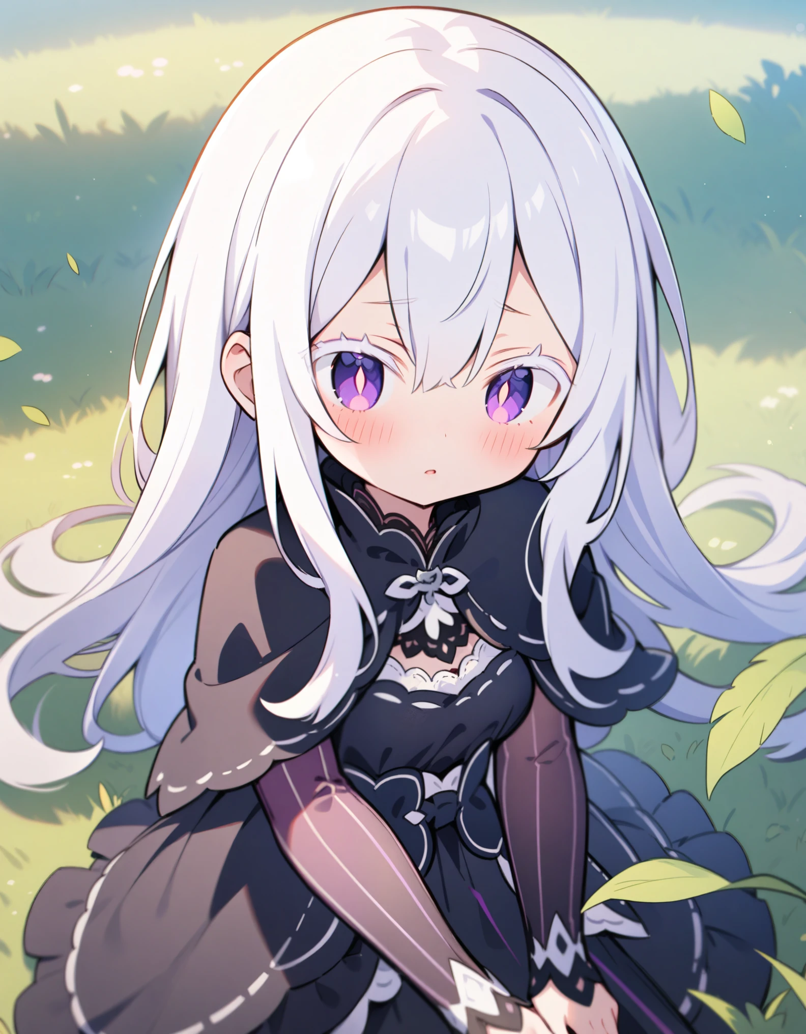 (masterpiece, best quality, very aesthetic, ultra detailed), intricate details, 1girl, echidna \(re:zero\), re:zero kara hajimeru isekai seikatsu, white hair, colored eyelashes, white eyelashes, bright pupils, violet eyes, long hair, sidelocks, black capelet, black dress, layered dress, blush, outdoor, grass background