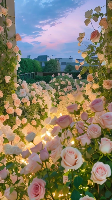 There are a lot of pink roses in the garden,There is light, Beautiful and beautiful, dream aesthetics, portal made of roses, lights and blooms, The aesthetic field of flowers, Very magical and dreamy, rose pink light, Roses in movie lights, The night sky is full of flowers, beautiful atmosphere, beautiful aesthetic lighting, glowing flowers, Luminous aesthetics, dreamy atmosphere, floral sunset