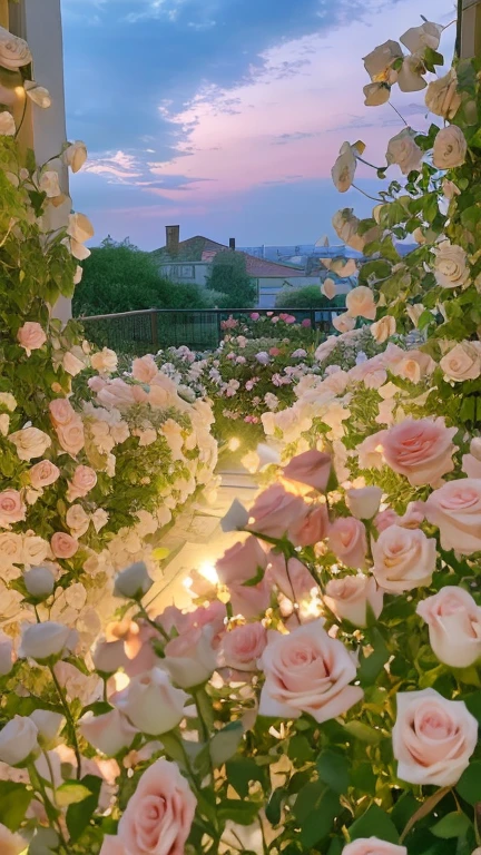 There are a lot of pink roses in the garden，There is light, Beautiful and beautiful, dream aesthetics, portal made of roses, lights and blooms, The aesthetic field of flowers, Very magical and dreamy, rose pink light, Roses in movie lights, The night sky is full of flowers, beautiful atmosphere, beautiful aesthetic lighting, glowing flowers, Luminous aesthetics, dreamy atmosphere, floral sunset