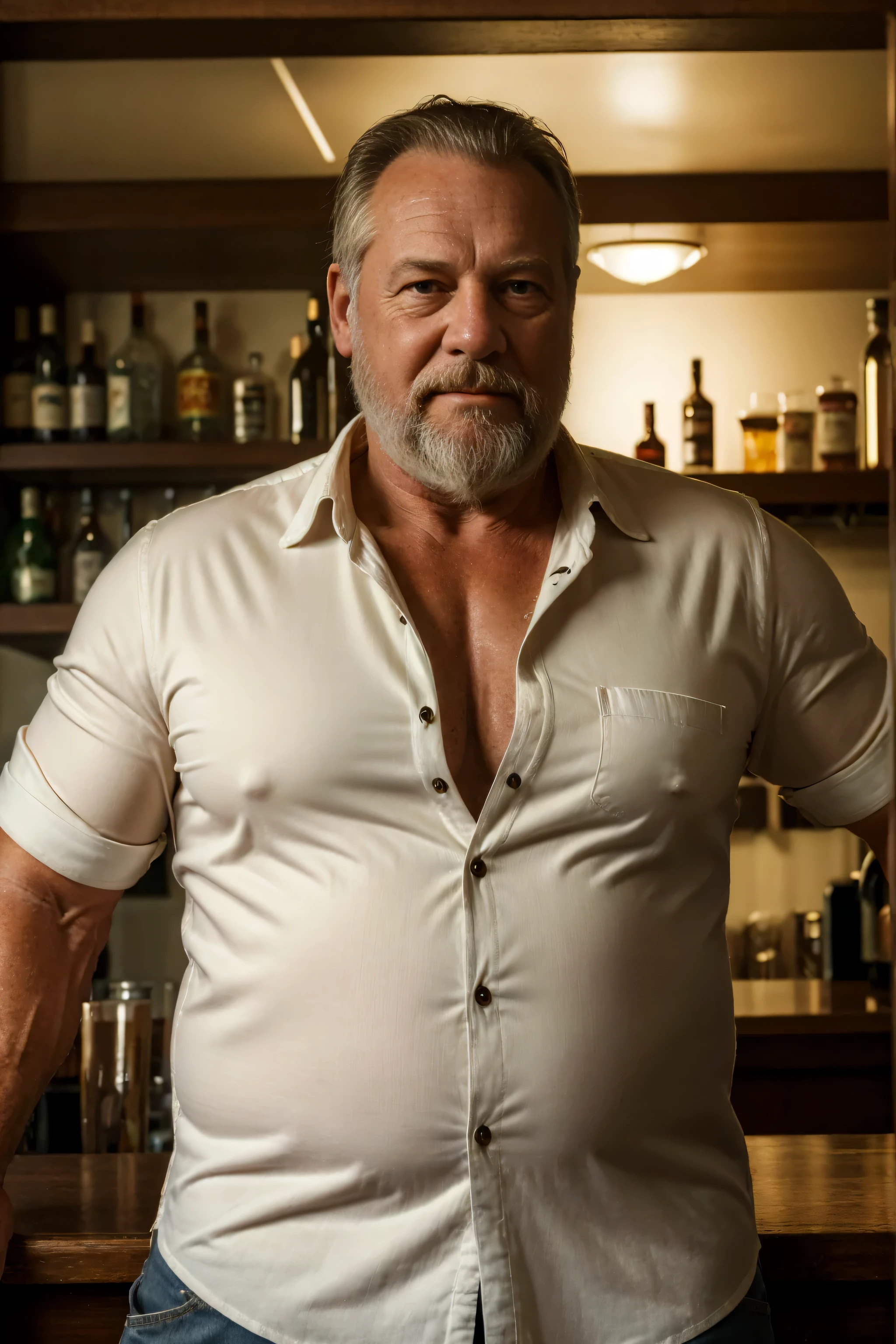 (best quality, highres, realistic:1.37), portrait, 60-year-old white man, disgusting, muscular chubby, kind, buttoned-up shirt, pants, stylish beard, bartender