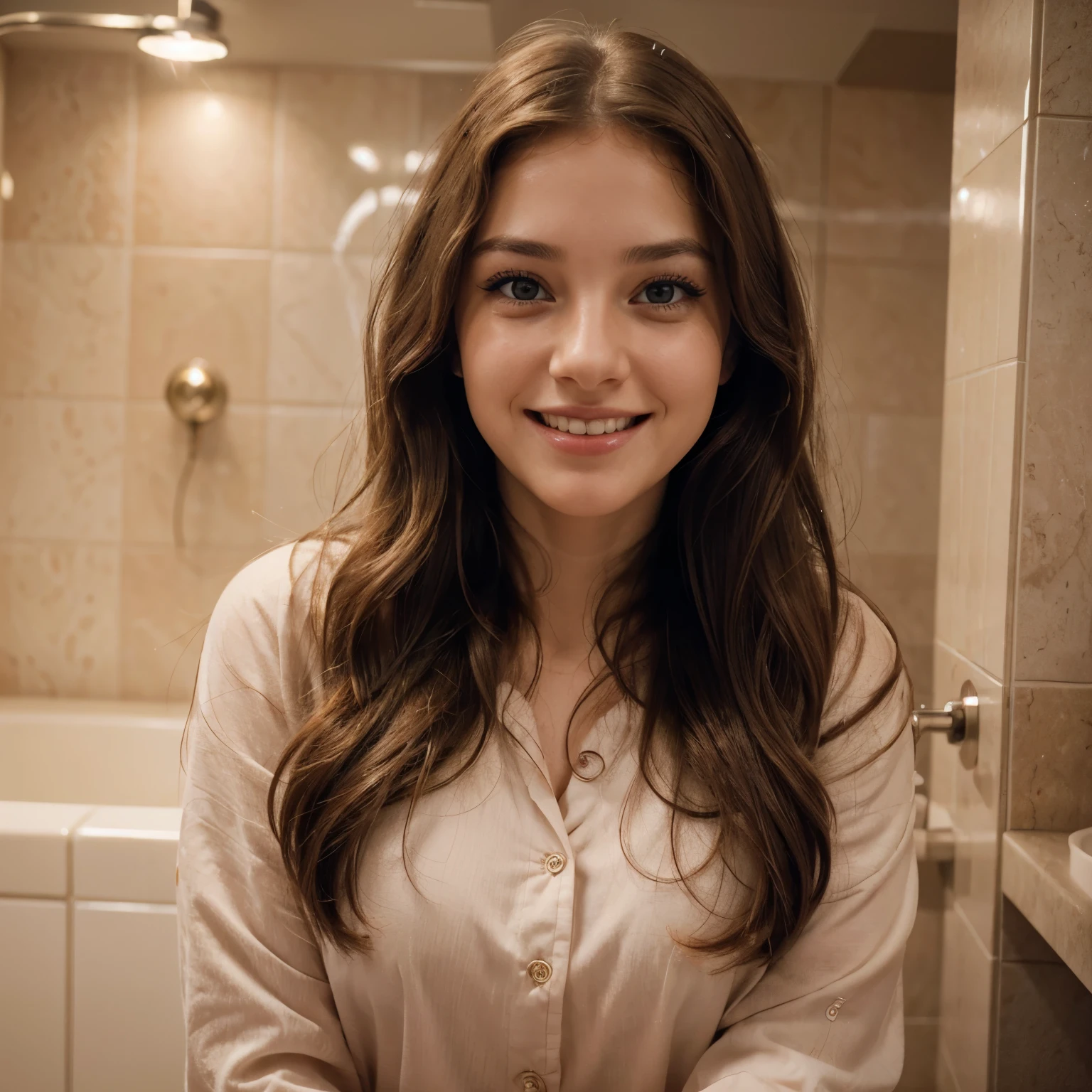(realistic: 1.37),beautiful girl,ultra-detailed eyes and face,long eyelashes,rosy cheeks,wavy flowing hairs,vibrant atmosphere,real woman,human,artistic rendering,smiling expression,captivating gaze,normal not with heavy llightning,in a bathroom doing skincare,in pjs