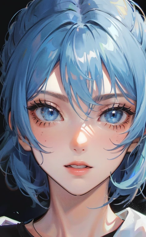 (((1 woman)))、(highest resolution、clear_image) best quality、(((pop)))、1990s、((colorful background))、((illuminate))、very detailed、semi-realistic、sky blue hair、((hairstyle I made、laughter、bangs、25 years old、young、((T-shirt))、delicate facial features facial features、((fine eyes))、(((View from top right)))