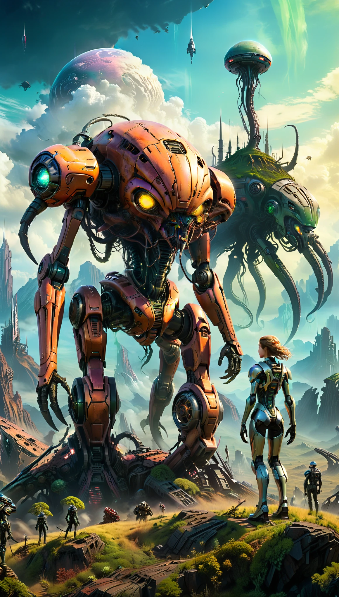 ((masterpiece, highest quality, Highest image quality, High resolution, 8K)), Ultra Wide Angle, Alien Landscape, A female stands next to an Alafedro robot on top of a hill, influenced by Stefan Koidl's background of discarded mechas. The art created by Craig Mullins, specifically in the style of Craig Mullins' Necro, portrays a detailed and futuristic science fiction scene. The emphasis is on SF concept art, It is being attacked by tentacled aliens, The overall lighting captures the essence of concept art in films,