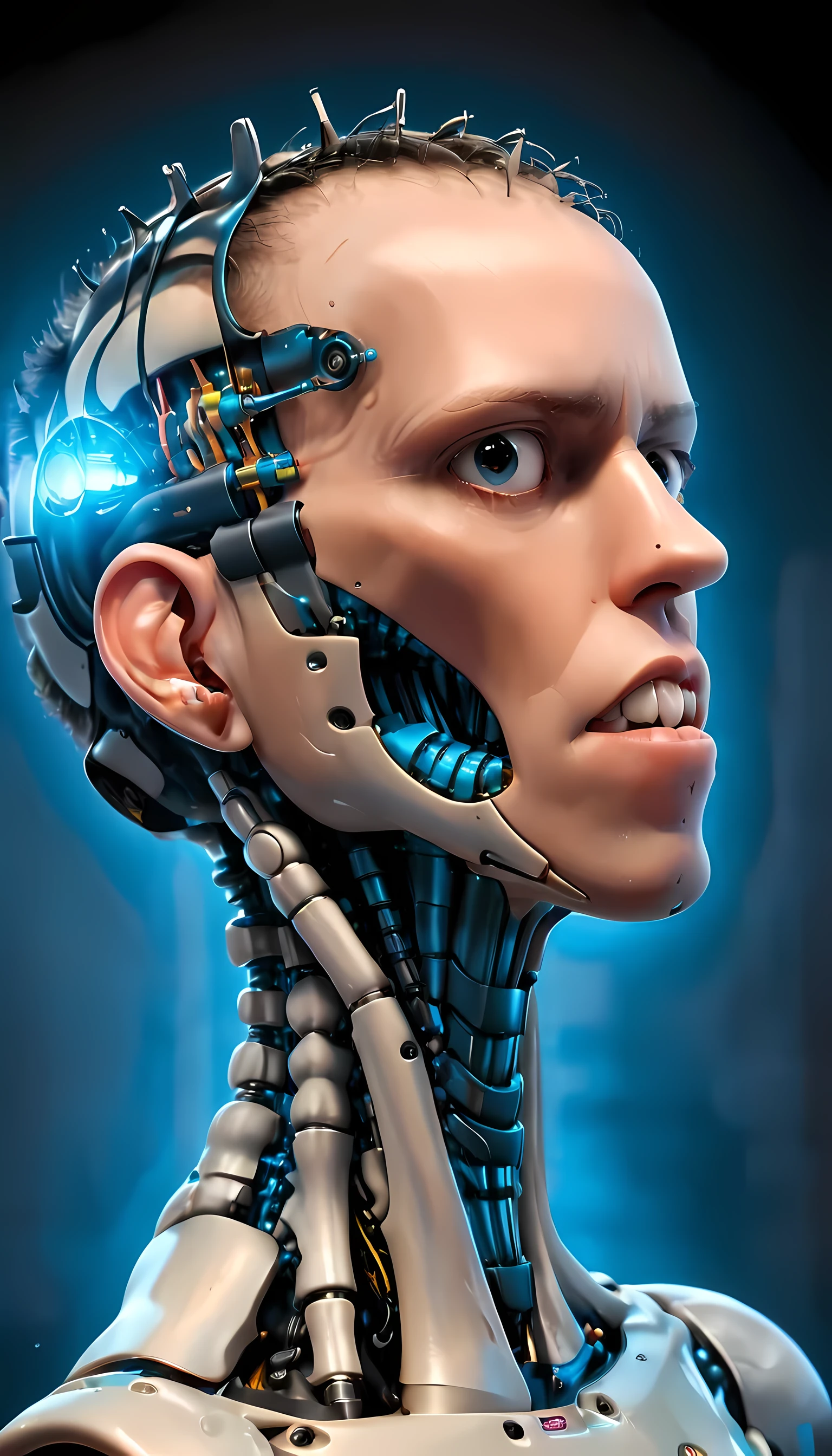 coopie, (Complex Professional 3D rendering:1.3) of (Ultra detailed:1.3) side profile, xray diagram deconstruction of a cyborg brain to machine interface, Highly detailed, Depth, Many parts, Lumen render, 8k x-ray style translucent bald head, clear skin, synthetic bone, blue Xray style on a pure black background,CGSociety,ArtStation