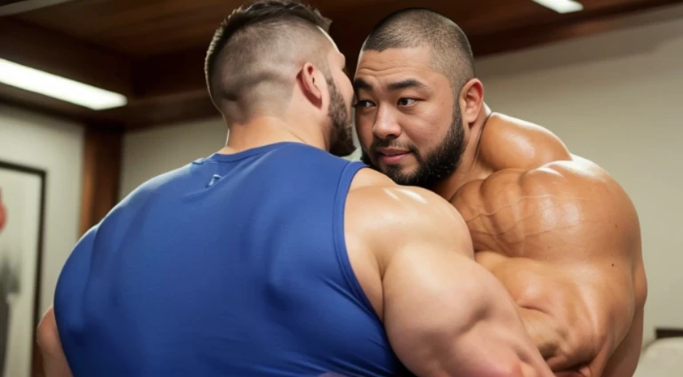 (hugging each other:1.4), fat face, (inside bedroom:1.2), Japanese man, Chinese man, Korean man, Taiwanese man, manly face, (round face:1.4), (monolid eyes:1.2), (buzz cut:1.4), very large and strong body, bulky body, beefy muscles (bulging muscles:1.4), (very large pectoral muscles:1.4), (muscular arms:1.4), muscular abs, muscular legs, muscular back, brightens oily skin, master piece, realistic, panorama, distant view