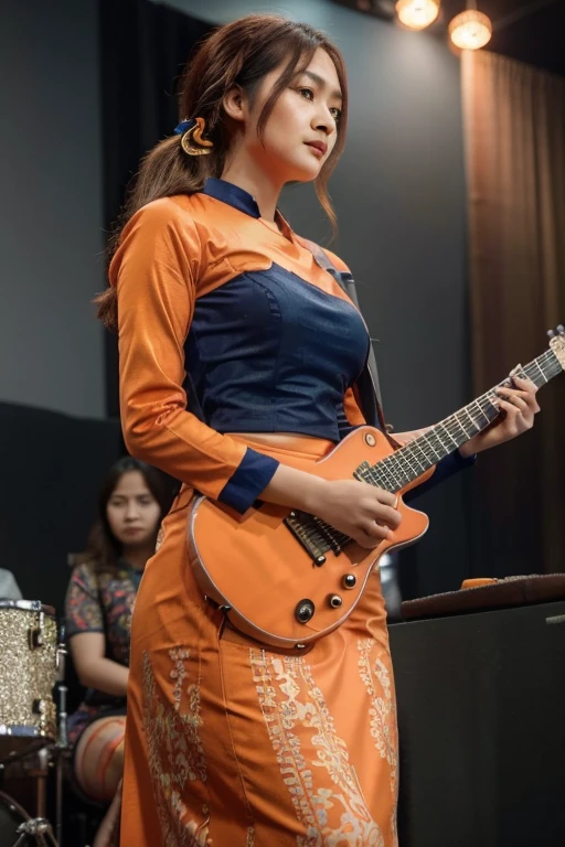 Beautiful anime watercolor painting of a girl, Burmese girl, playing (a red electric Guitar), stage background, trending on artstation, 8k, masterpiece, fine detail, full of color, intricate detail, golden ratio illustration, (acmm ls outfit, wearing acmm top, orange acmm top, long sleeves, wearing acmm long skirt, dark blue acmm long skirt, printed skirt)