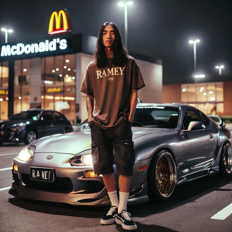 Create a full HD 8K high resolution, full body photo, a 24 year old Indonesian man with long straight hair, wearing a raglan t-shirt that says "RAMEY" jeans, Vans shoes, standing next to a Toyota Supra MK4 car, the background of the McDonald's parking lot in the night vibes 
