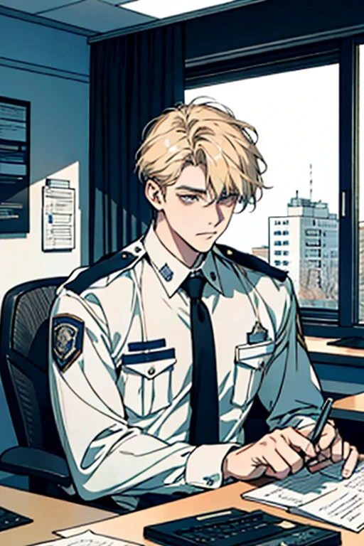 young man, officer, newbie, light blond hair, long bangs, inside police station, sitting behind desk, holding phone, young pouty face, pale skin, front marble desk