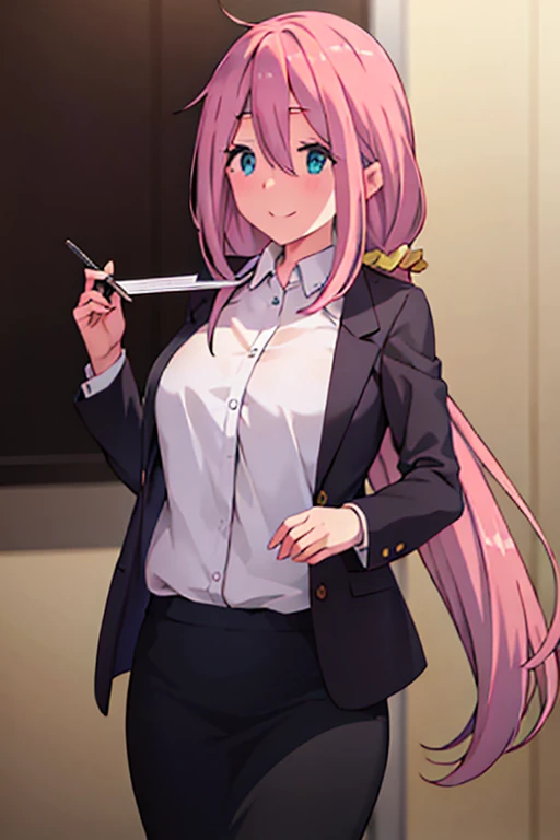 1girl, nadeshiko kagamihara, suit, office lady, black skirt, black blazer, pencil skirt, white shirt, collared shirt, long hair, teenager, looking at viewer, full body, smiling, cowboy shot,