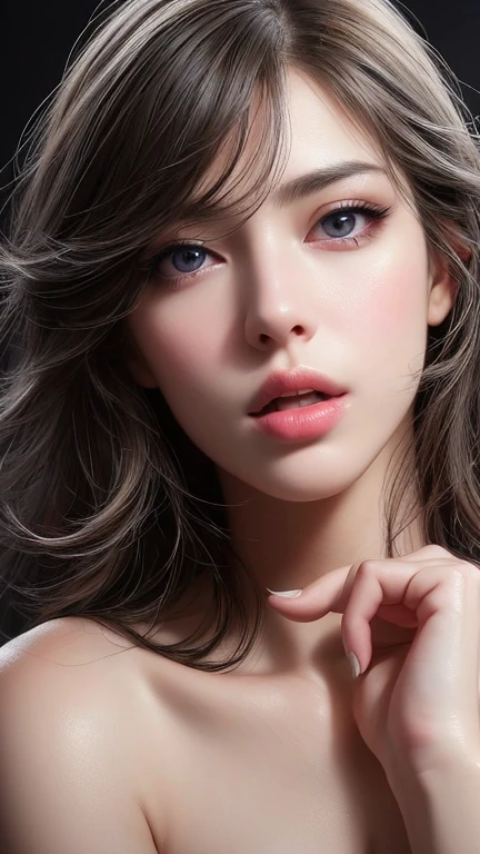 masterpiece, highest quality, Super detailed, Facing the camera, 複雑に詳細なSuper detailed, realistic, Sharp features, very detailed, sharp focus, perfect face, perfect face, perfect symmetrically perfect eyes, perfect lips, flexible female shape, cinematic, film light, very detailed, hyper realistic, masterpiece, in the atmosphere, High resolution, lively, Dynamic studio lighting, NSFW, ((dark background)), sexy face, Facial expression when feeling pleasure, open mouse, straight bangs, big breasts, exposed cleavage, blue eyes,
