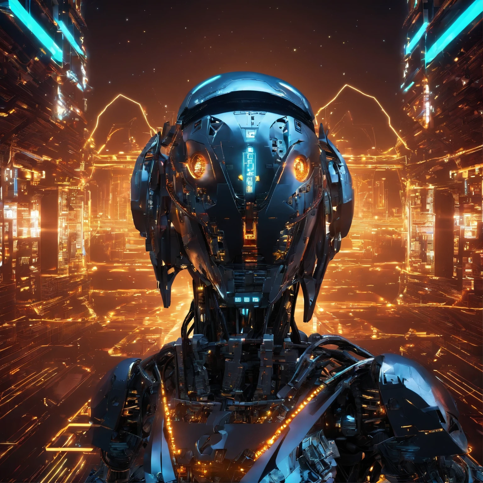 emotionally resonant futuristic girl, intricate cybernetic enhancements with glowing heart core, detailed mechanical fingers, expression showing determination, abandoned city or wilderness under starry sky as background, dramatic lighting reflecting on cybernetic parts, "The Last Cyber Heart" text in a mysterious font, photo-realistic with vivid details and colors
