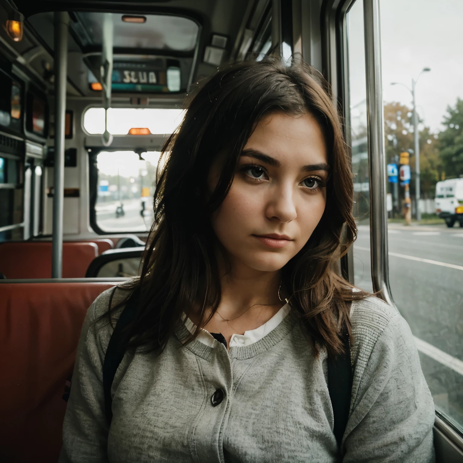 Thoughtful woman looking through the window while traveling in bus 