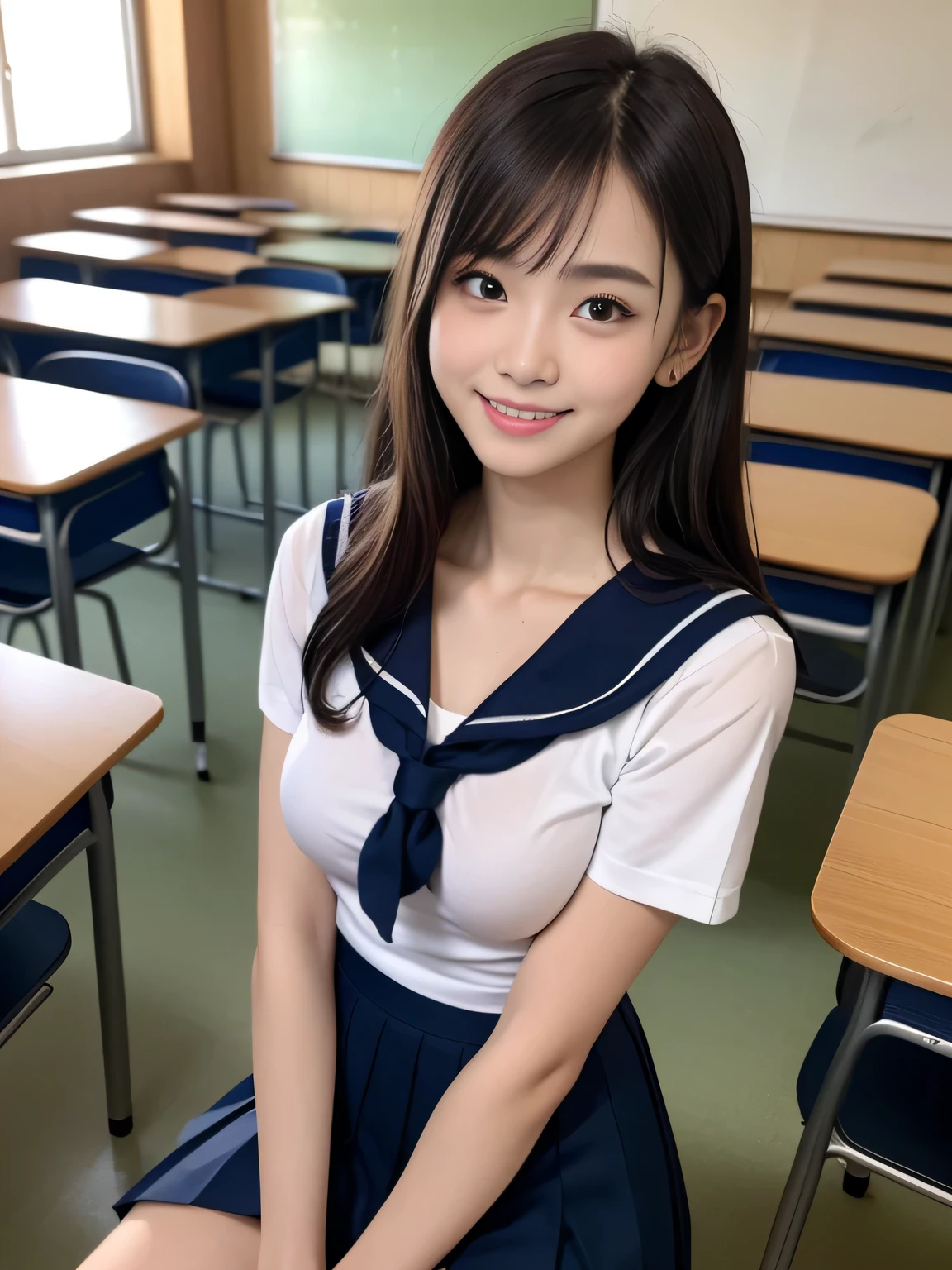 8k, highest quality, real image, intricate details, Super detailed, ultra high resolution, depth field,(realistic,realistic:1.2), (small breasts:1.5), (embarrassed:1.3), (abashed:1.3), 1 Japanese girl, very beautiful 17 year old girl, (beautiful breasts:1.5, highly detailed eyes:1.2), (beautiful breasts:1.1), bangs, perfect skin, Fair skin, tight waist, alone, looking at the viewer, black hair, hair behind the ear, shoulder hair, long hair, no makeup、In a high school classroom, (smile), During class, (high school sailor suit:1.2), navy pleated skirt, sitting next to the viewer, (opened mouth)