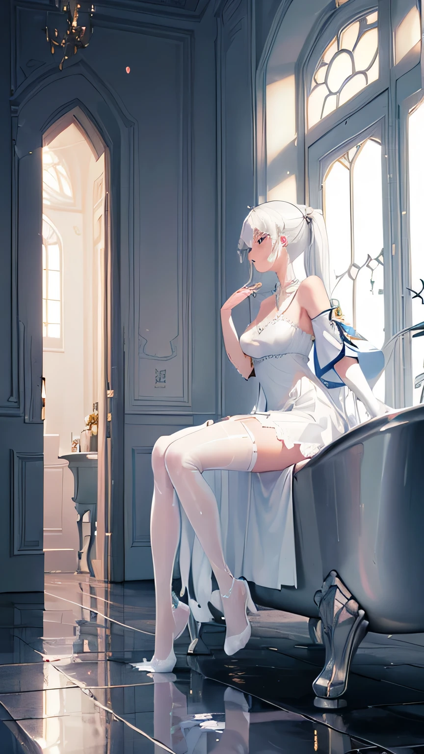 from front, portrait, from above, High resolution, high definition, ultra detailed, 4k, 8k, super masterpiece, BJD and a small white mouse are staring at each other, BJD is modeled after a beautiful 18-year-old woman, life size, Joints in the body are mechanical, BJD are battery powered, BJD are beautiful like sculptures, Hard white porcelain skin that shines white, BJD is sitting on a chair and looking at a white mouse, no makeup, white chignon hair, large glass eyes, Sleeveless white off-shoulder dress with elegant drape and beautiful embroidery, bisque doll, The white mouse is so small that she can wrap it in her hands, The small white mouse stands on two legs on the table, Beautiful fur of a realistic small white mouse, dreamy, aesthetic, gothic style, fantasy,