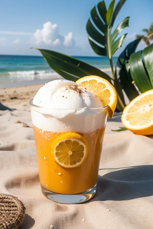 Logo en 3d, playa con palmera, sol, vaso de jugo de naranja con sorbete, un coco alado, with the title fresqui-frut and with the phrase Where freshness and fruit meet