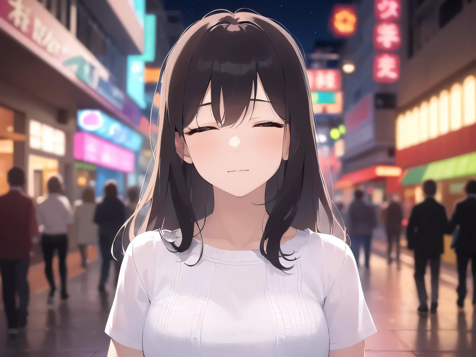 covering mouth with hand、Upper Body, Realistic, real person, (pale skin: 1.2), RAW photo, photorealistic, portrait photography, shiny skin, japanese idol、shiny hair、(25 year old woman with medium hair with bangs) and (wavy hair) and (brown hair) and (closed eyes:1.5) , plain white t-shirt 、sad, The background is a shopping street at night、Alone、Are standing