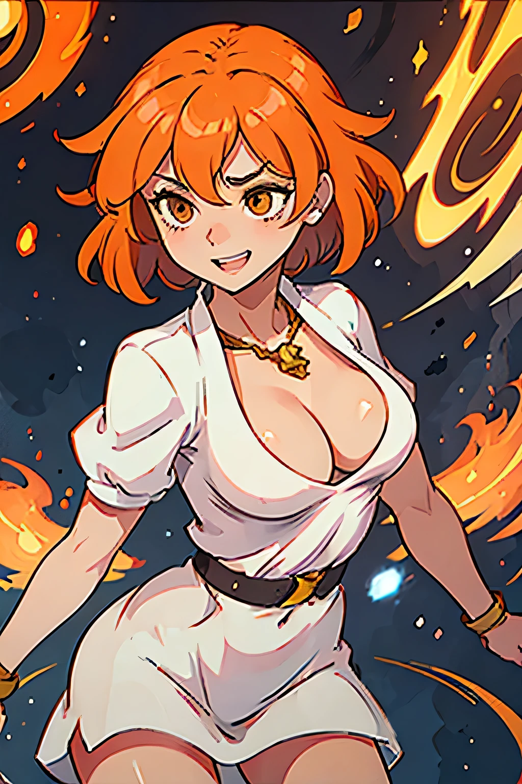 (((masterpiece))), (((best quality))), illustration, single character, game character, rpg character, female character, female necromancer. tall torso. athletic girl. skimpy. white robe with small golden details and lines, long open hood robe. skin with white scales. exposed legs. gold bracer. huge open cleavage, big gem necklace. tiny breasts. small titties. wide hips. perky butt. up turned hips. wavy short hair. flowing orange hair, olive eyes, sexy face expression. laughing smile. orange hair. cosmic background, flat color background, anime character, 8k, awesome quality