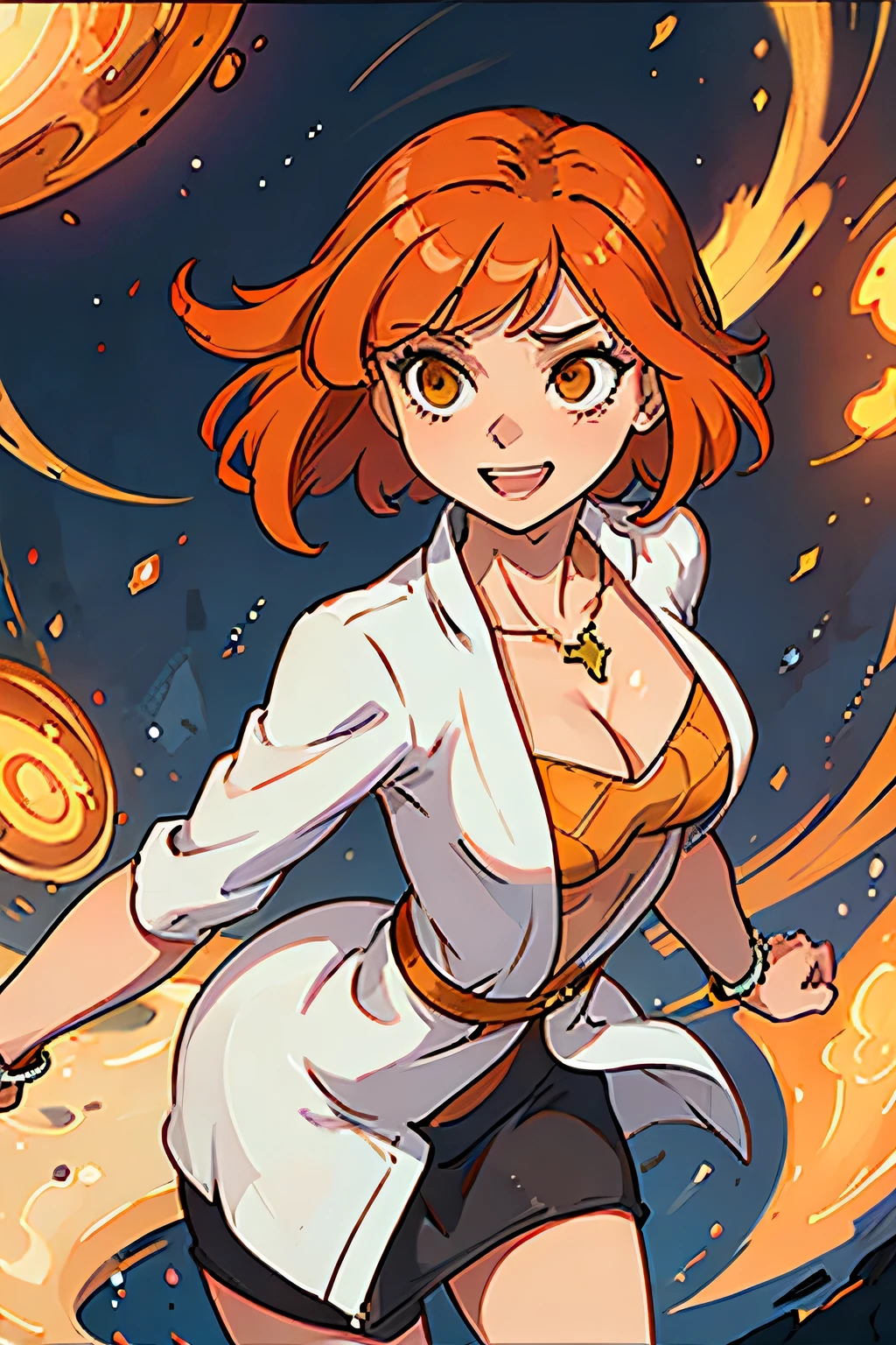 (((masterpiece))), (((best quality))), illustration, single character, game character, rpg character, female character, female necromancer. tall torso. athletic girl. skimpy. white robe with small golden details and lines, long open hood robe. skin with white scales. exposed legs. gold bracer. huge open cleavage, big gem necklace. tiny breasts. small titties. wide hips. perky butt. up turned hips. wavy short hair. flowing orange hair, olive eyes, sexy face expression. laughing smile. orange hair. cosmic background, flat color background, anime character, 8k, awesome quality